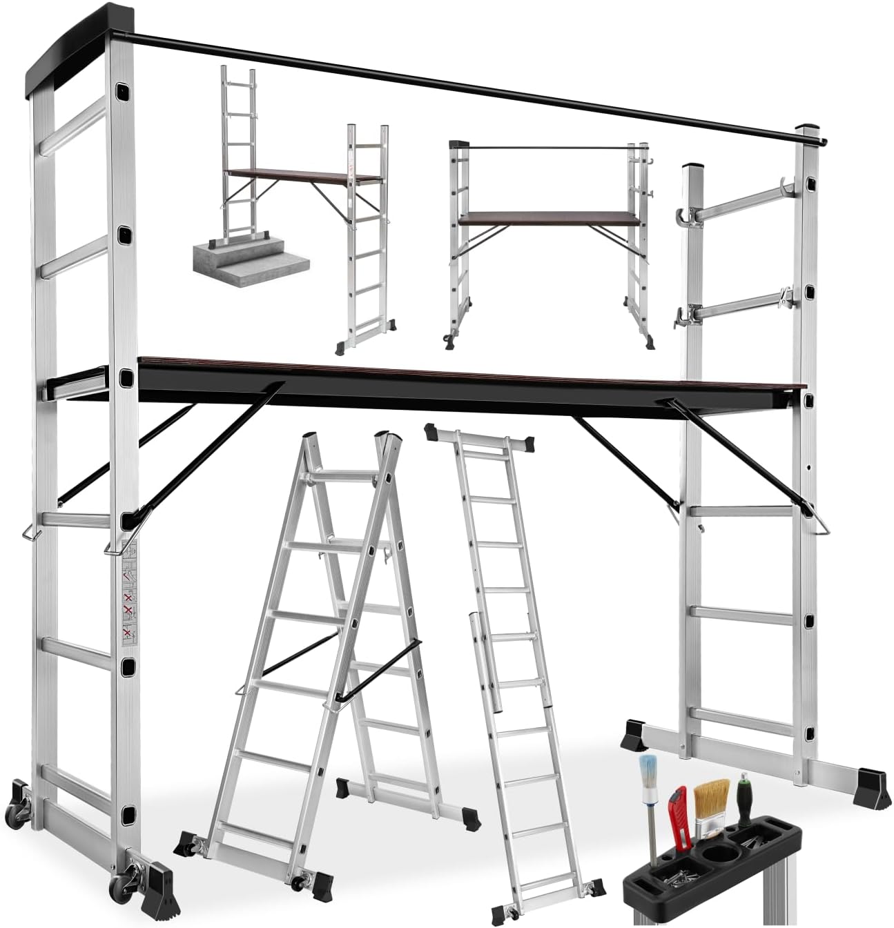 tectake, Échafaudage, ® Échelle Multifonction 3 en 1 Échafaudage Roulant en Acier Plateforme de Travail, Argent/Noir