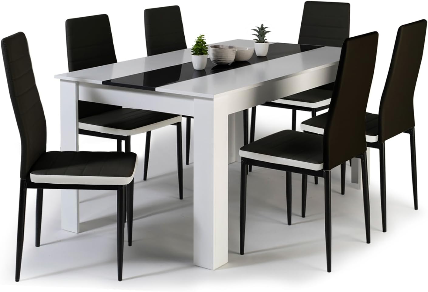 IDMarket, Ensemble pour salle à manger, Ensemble Table à Manger Georgia 140 cm Blanche et Noire et 6 chaises Romane Noires liseré, Blanc/Noir
