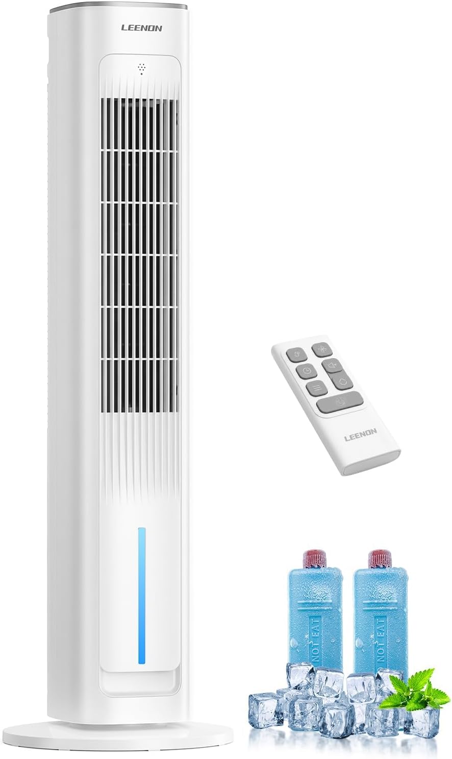 LEENON, 3en1 Rafraichisseur d'Air Silencieux, 38' Colonne Ventilateur avec Télécommande & Réservoir 3L, Blanc/Bleu, 3 Vitesses/Modes