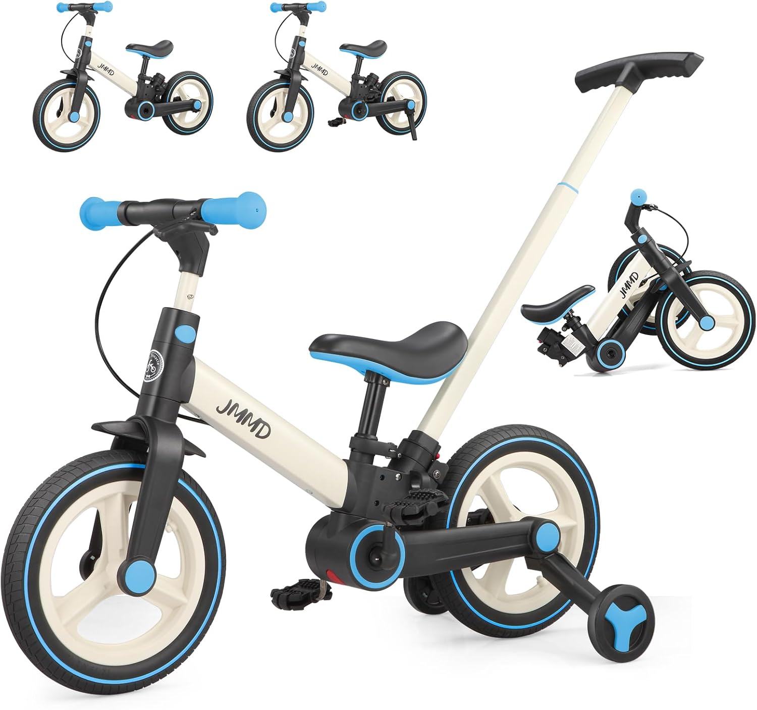 JMMD, Tricycle Sécurisé avec Freins et Béquille pour Enfants de 1.5 à 5 Ans, avec Poignée de Poussée Réglable, Noir/Bleu/Beige