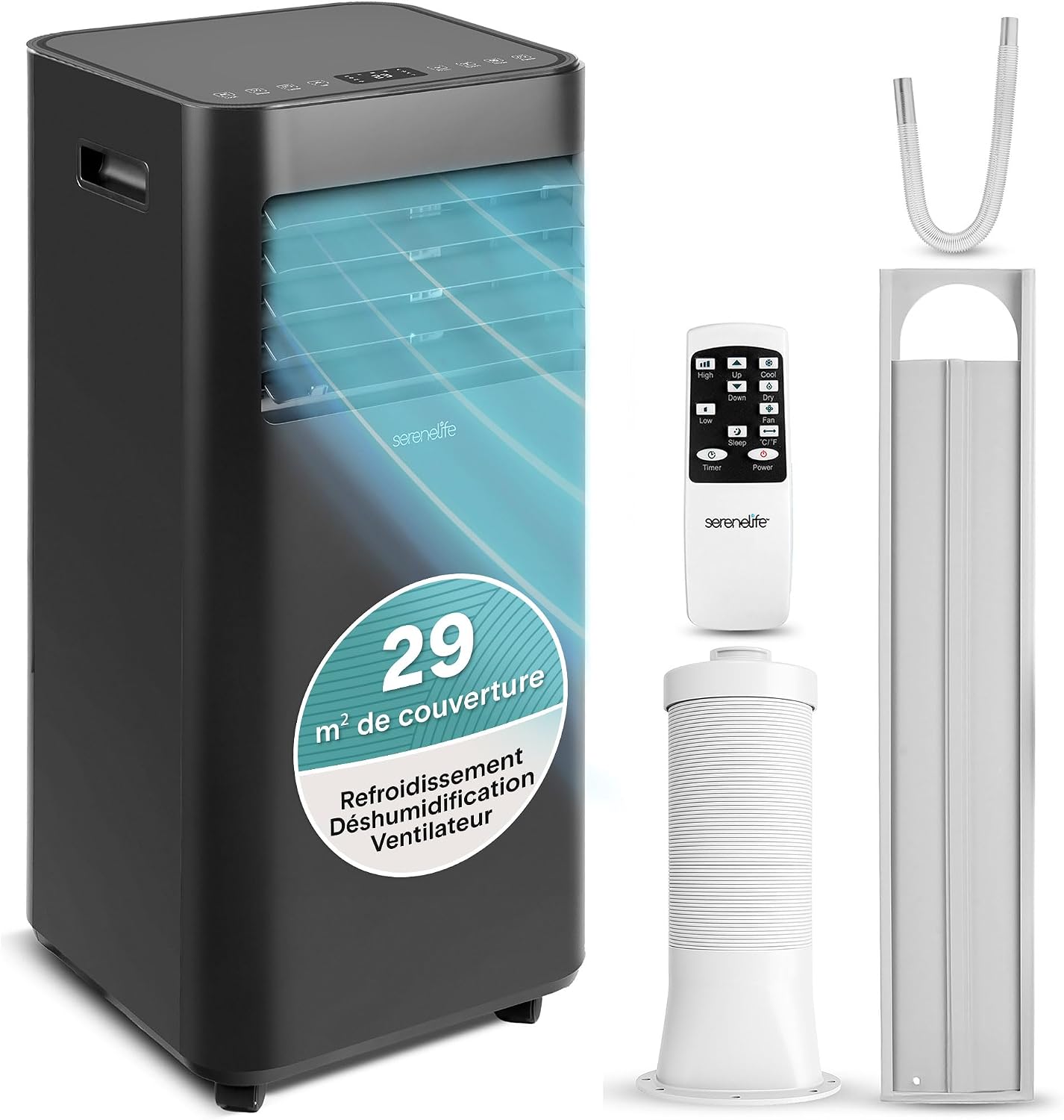 SereneLife Climatiseur Mobile 7000 BTU 2, 05 kW, Compact avec Télécommande et Kit Fenêtre Noir, Noir/Blanc