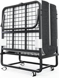Lit, Charge 200 kg, Lit d'Appoint Pliable à 4 roulettes et Sommier à Lattes en Métal pour Invités, Noir/Gris/Blanc – CAIYUN