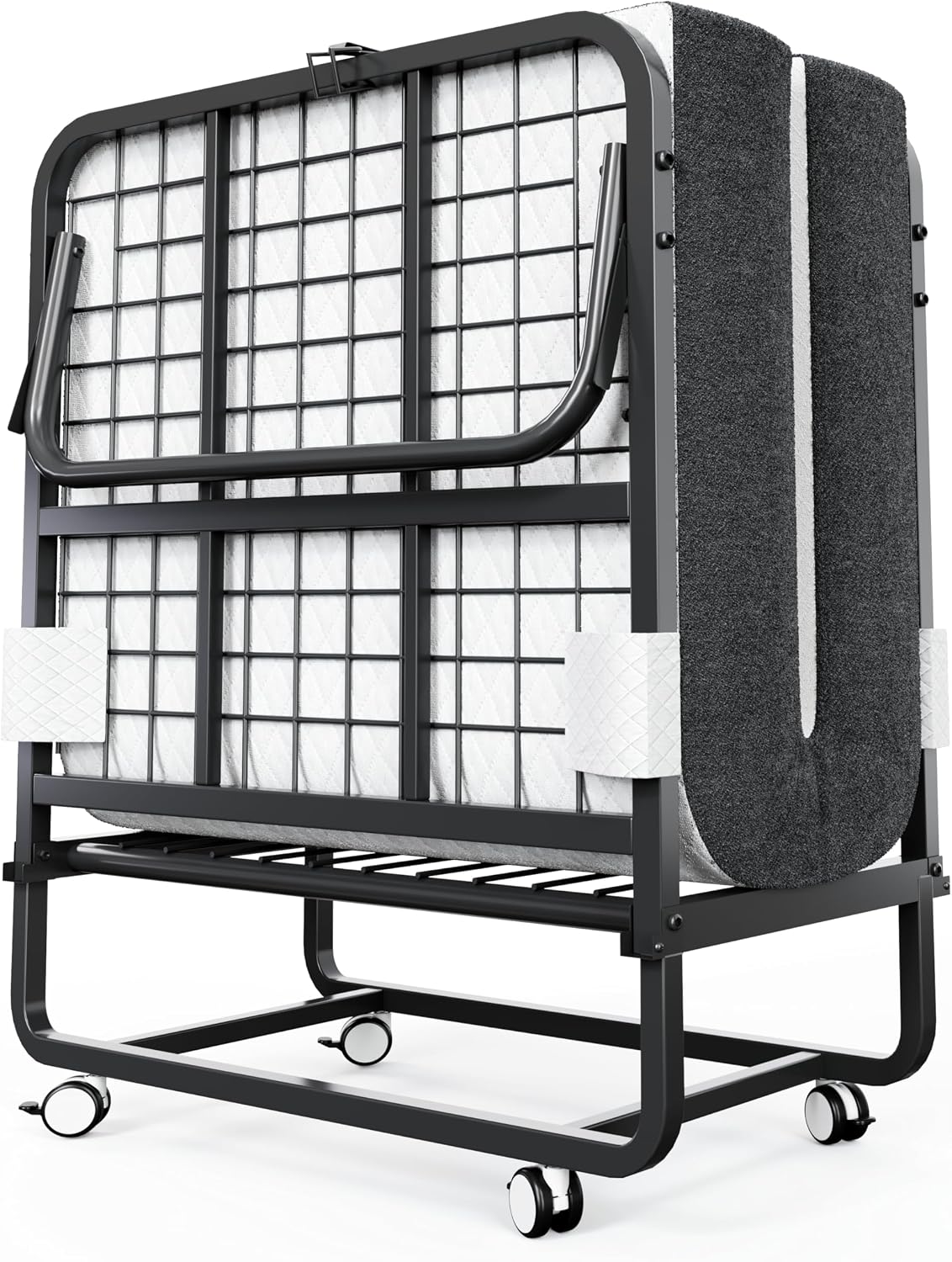 Lit, Charge 200 kg, Lit d'Appoint Pliable à 4 roulettes et Sommier à Lattes en Métal pour Invités, Noir/Gris/Blanc – CAIYUN