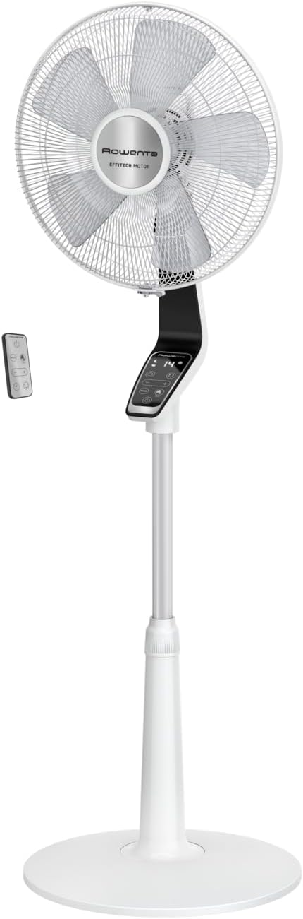 Rowenta VU5690F0 Turbo Silence Extreme Ventilateur sur pied, Télécommande VU5690F0, Blanc/Noir/Acier, Timer 12h, Blanc et Métallisé, Puissant