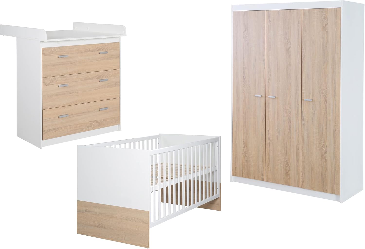 meuble, Lit Évolutif 70 x 140 cm + Commode à Langer Étroit + Armoire 3 Portes, Blanc/Décor Bois, Blanc/Bois – roba