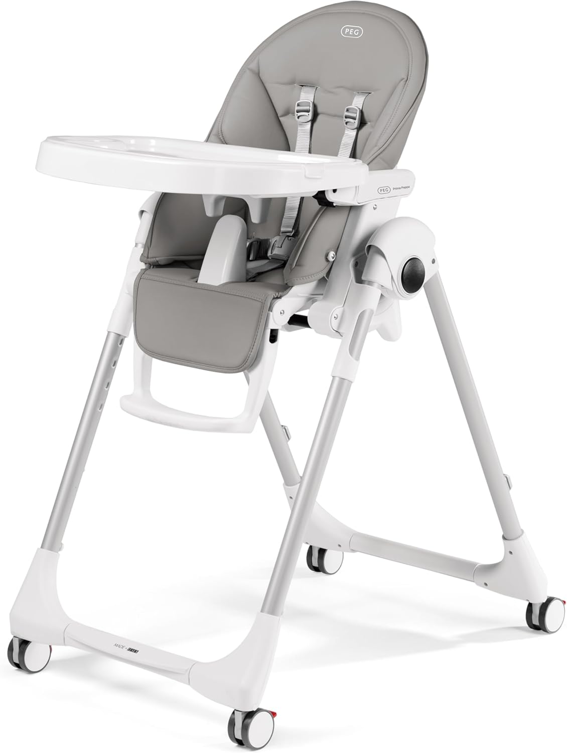 PEG Prima Pappa Follow Me Chaise Haute Bébé Inclinable, 0-15 kg, Pliable et Ultra-Compacte, pour Enfants de 0 à 3 Ans, Gris/Blanc, 4 Roues