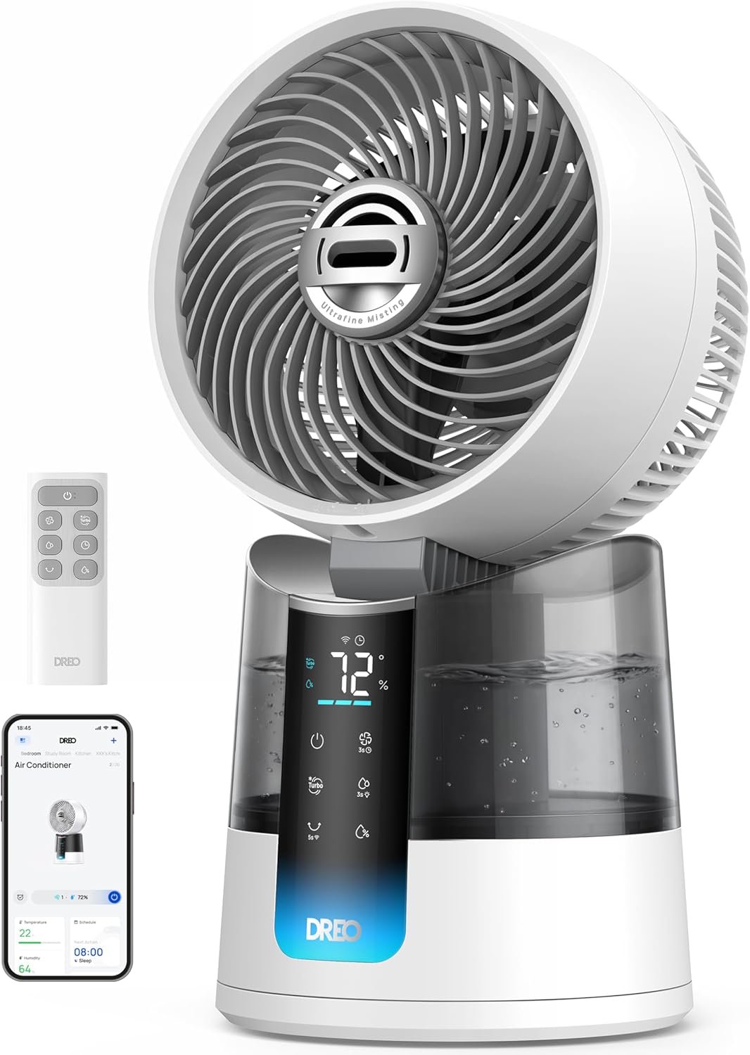 DREO 516S rafraîchisseur d'air 7, 9 m/s, silencieux 20 dB, contrôle app & télécommande., Blanc/Gris, 6 vitesses, 2 modes, brume ultrafine