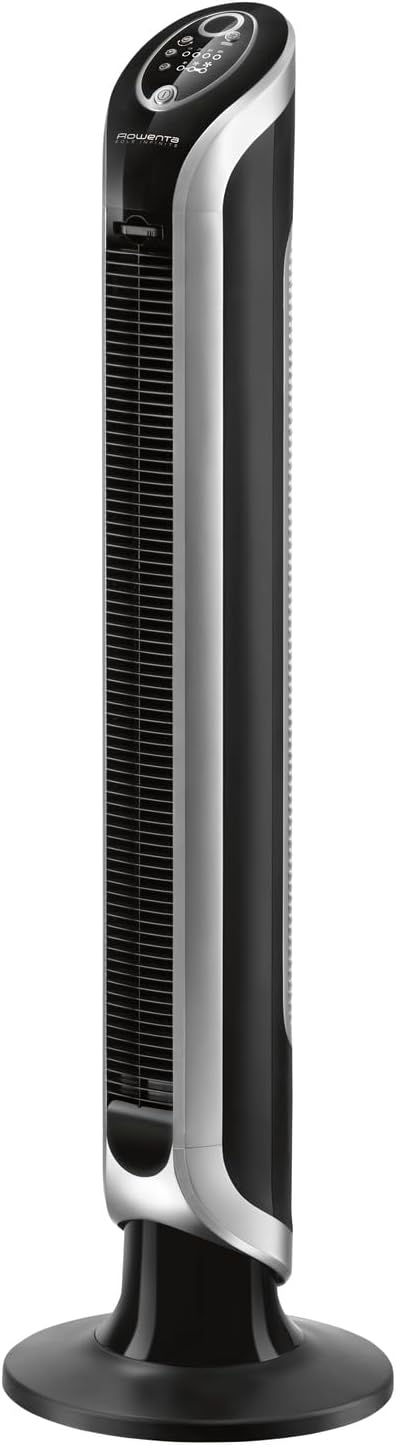 Rowenta VU6670F0 Eole Infinite Ventilateur colonne, Télécommande avec rangement intégré VU6670F0, Noir/Argent, 3 vitesses, Timer jusqu'à 8 h