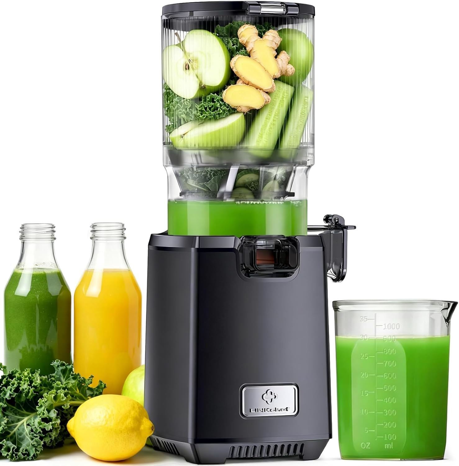 LINKChef, 130MM Calibre et 1.8L Capacité Centrifugeuse, 250W Slow Juicer Machine Avec Fonction Inverse, Sans BPA, Noir