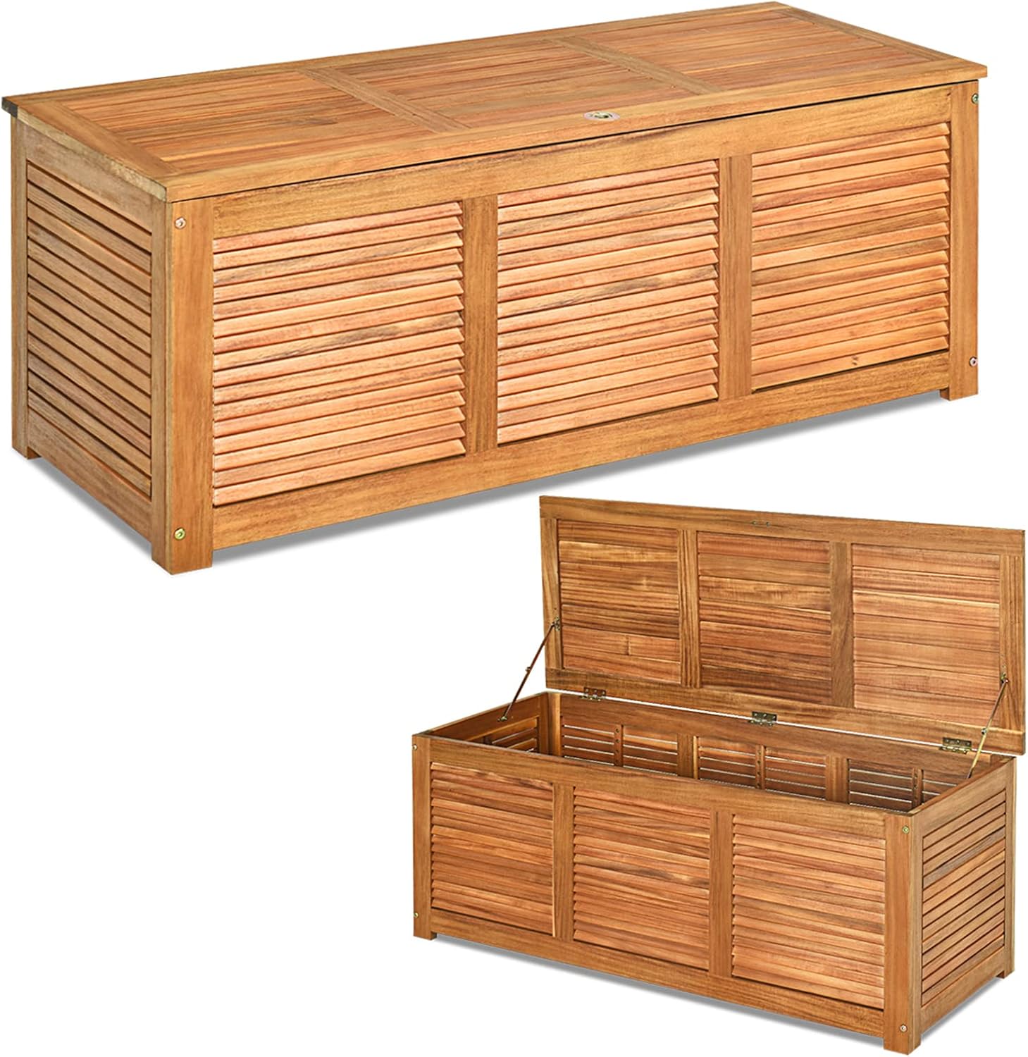 COSTWAY, Coffre de Jardin Exterieur en Bois d'Acacia, Coffre de Rangement 178 L avec Couvercle Rabattable Charnière en Métal, Marron, Naturel