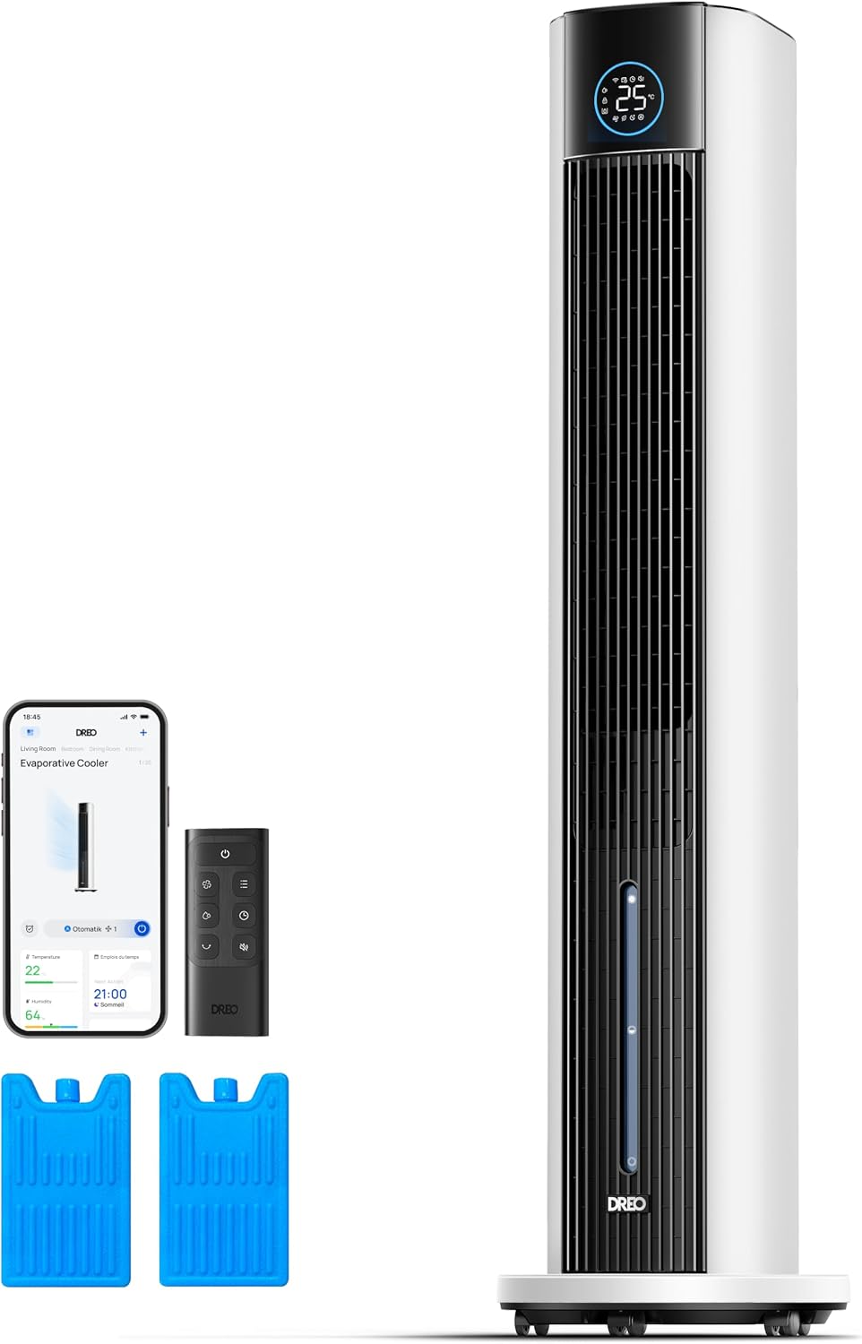 DREO, rafraîchisseur 110 cm, Ventilateur Tour avec refroidissement par eau, 4 vitesses, Blanc/Noir, 4 modes, oscillation 80°, minuterie 12 h