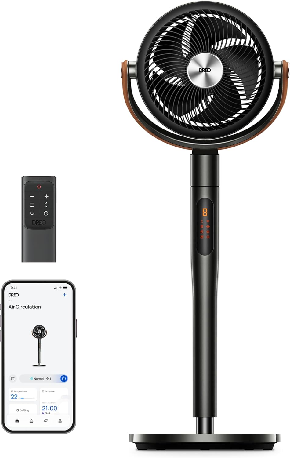 DREO Smart Ventilateur sur Pied 25dB Silencieux, 6 Modes, avec Télécommande, 8 Vitesses, Flux d'air 7.5 m/s, Portée de 30 m, Minuterie 12 h, Noir
