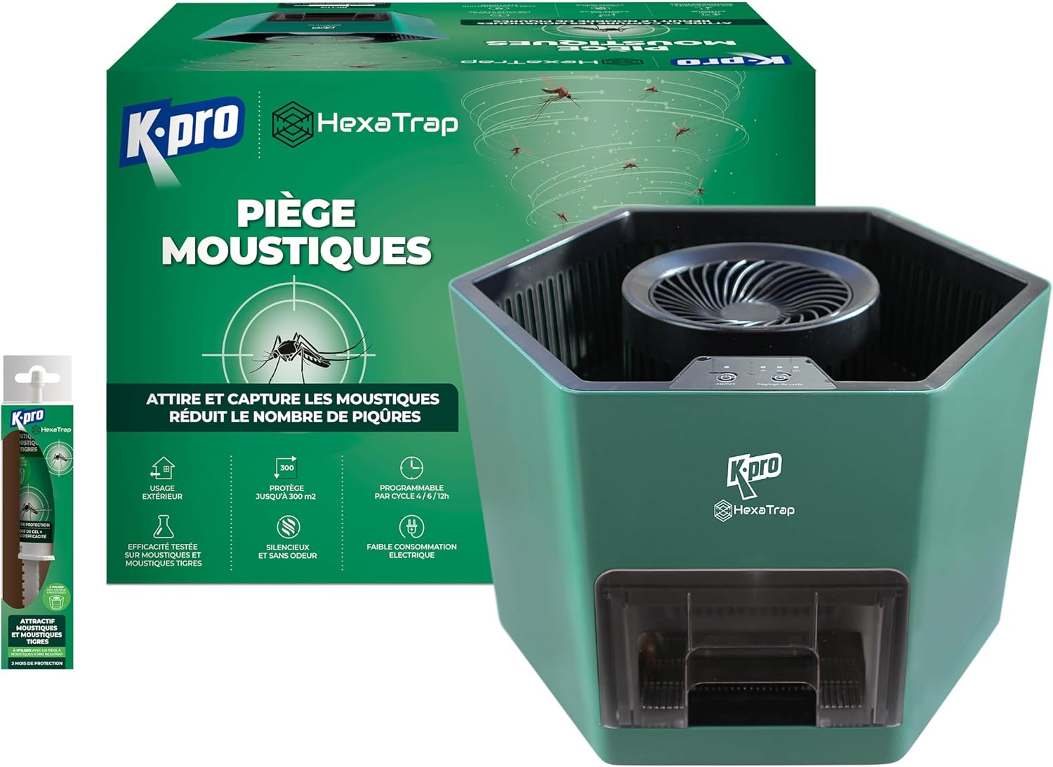 Piège électrique à moustiques et moustiques Tigres, portée 300 m2, silencieux et sans odeur – K.PRO, Vert/Noir, programmable 4h/6h/12h