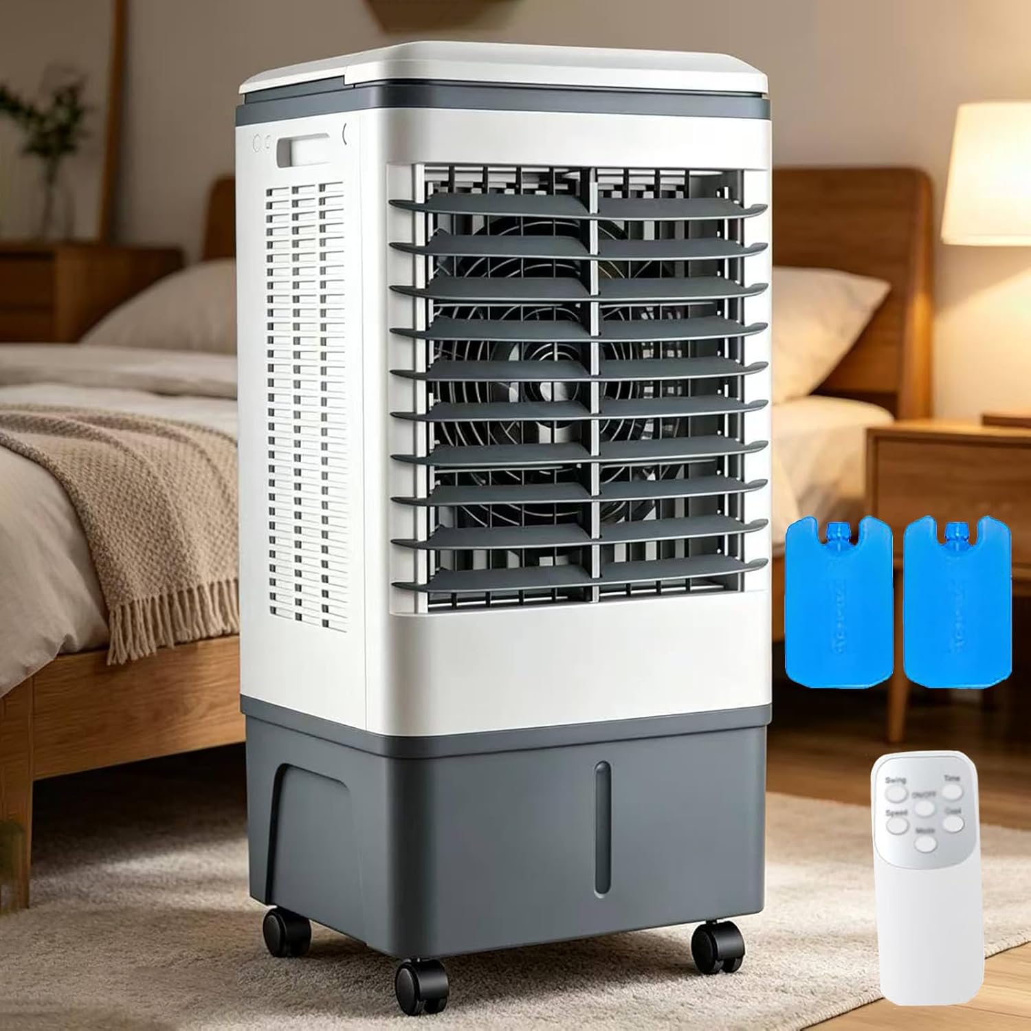 JGJSQYY Rafraîchisseur d'air Évaporatif 20L, 3-en-1 Ventilateur & Humidificateur avec Télécommande, Blanc/Gris/Bleu, Minuteur 7.5H
