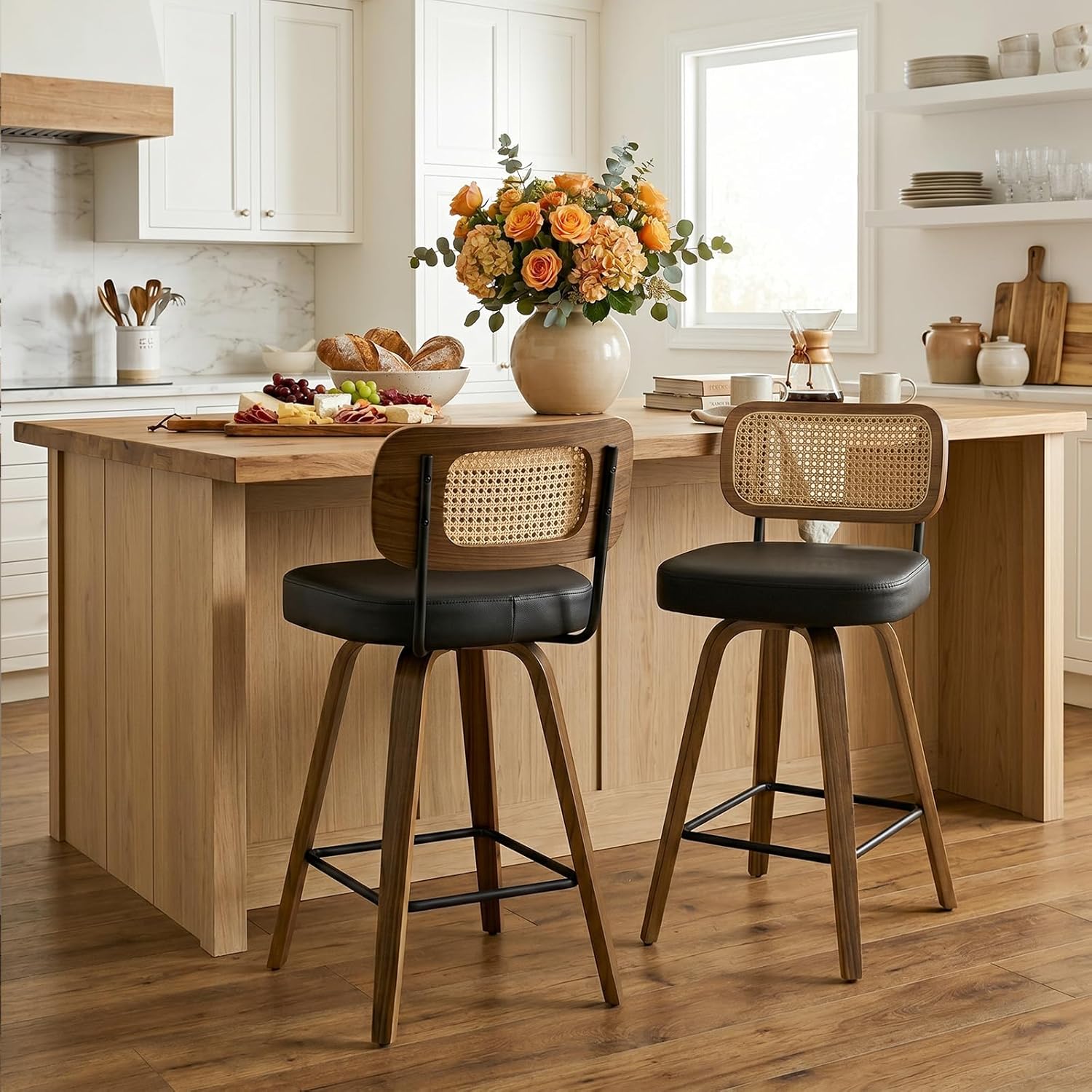 Lot de 2 tabourets de bar avec dossier, chaise de bar pour îlot de, hauteur d'assise 65 cm, tabouret de bar en rotin en bois avec siège extra épais
