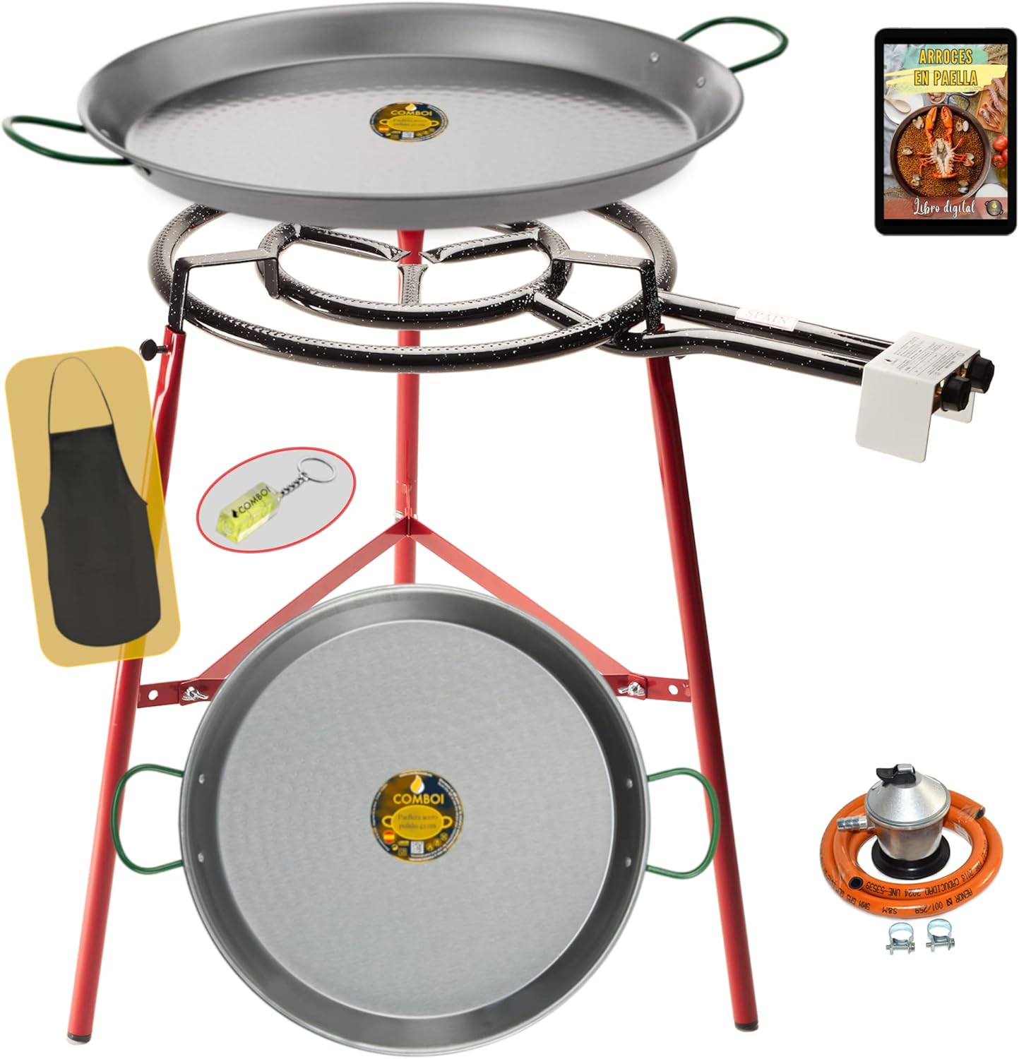 COMBOI, Kit paella, Brûleur à Gaz Butane de 50 cm, Argent/Rouge/Vert/Noir, Poêles à paella de 60 cm et 42 cm, Régulateur de Gaz, Tuyau