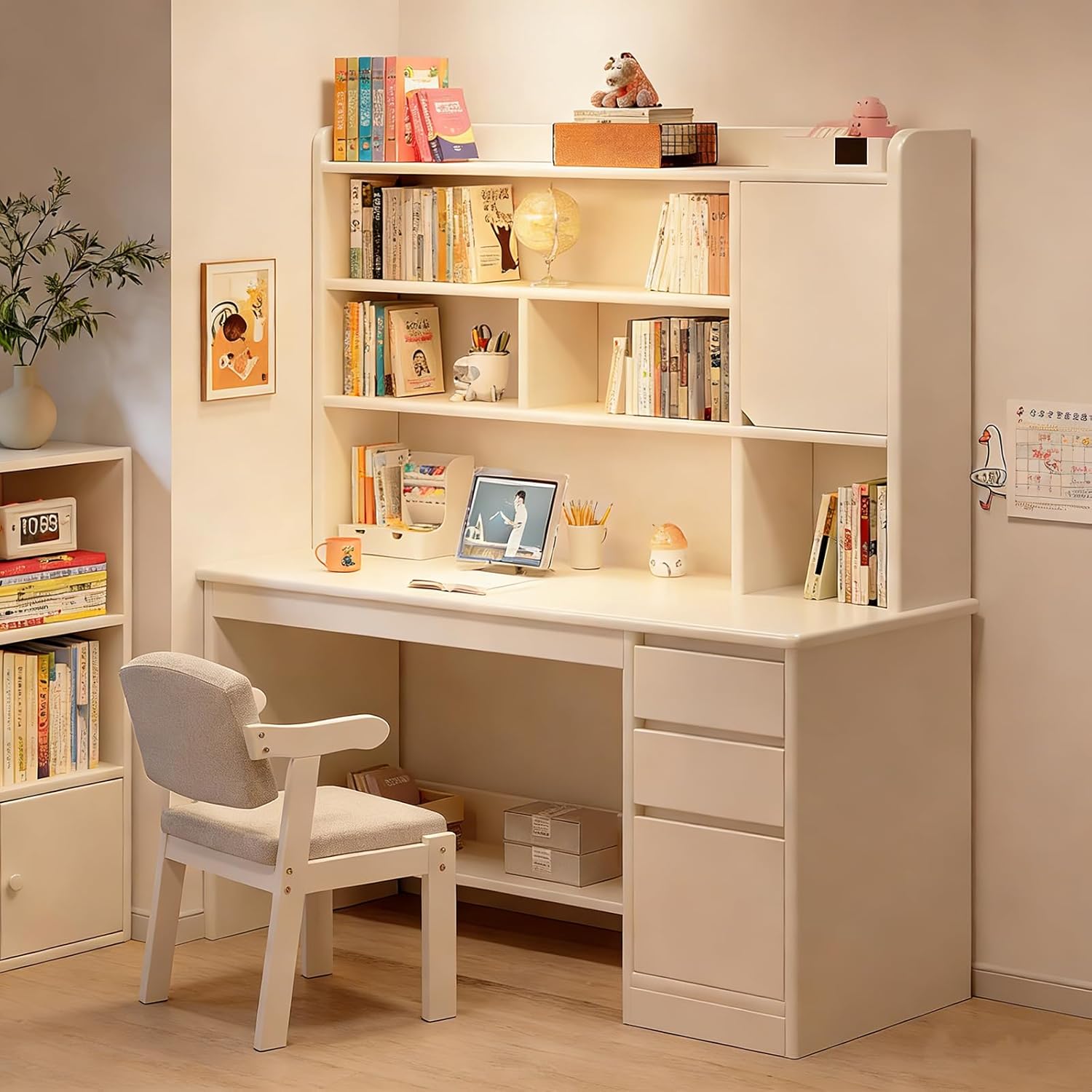 Bureaux, Poste de Travail avec Armoire et étagère Bureau D'ordinateur en Bois avec Tiroirs Et, Size:120x45x165cm – ZHFASDS, Color:Blanc