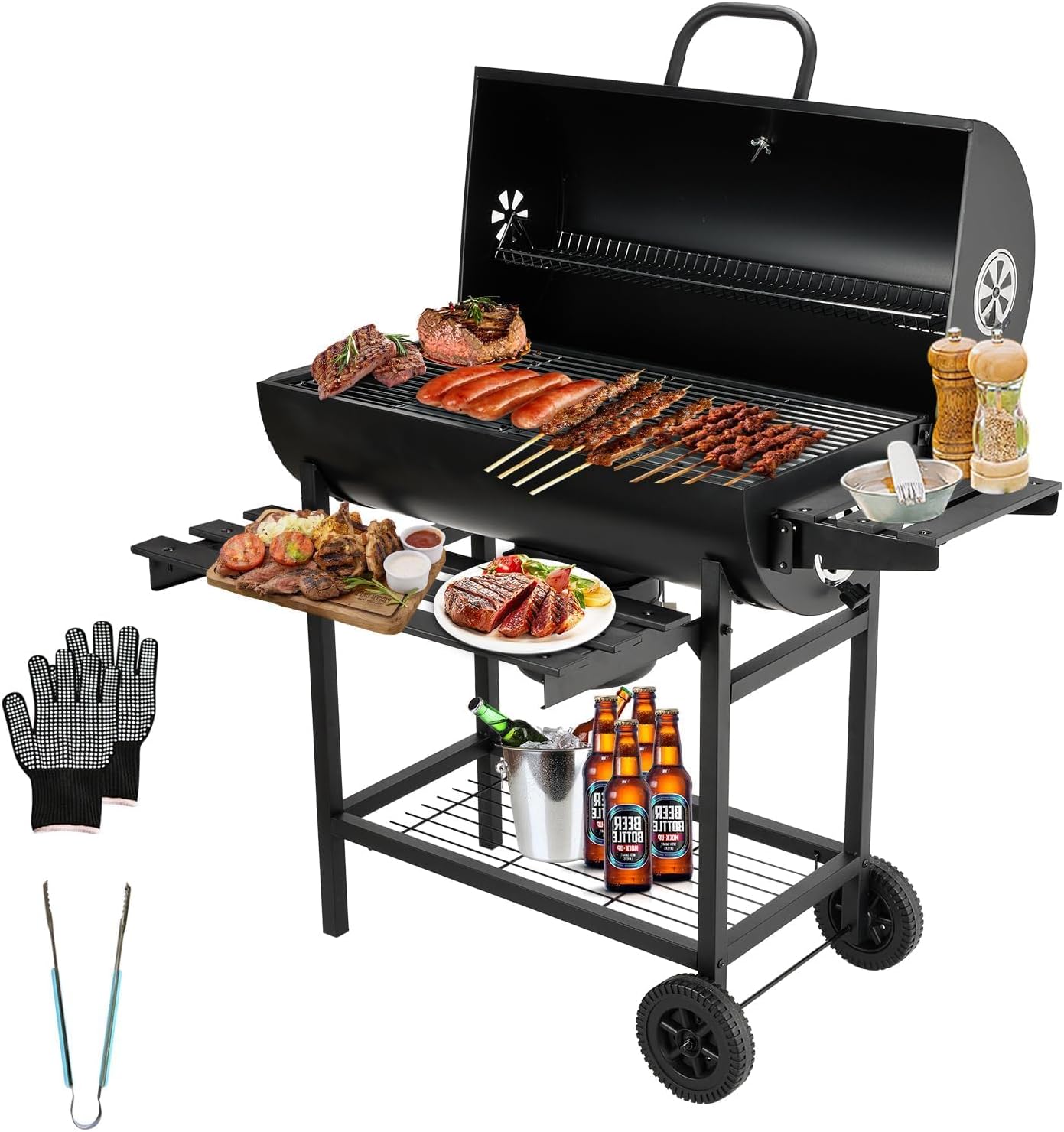Barbecue au Charbon de Bois avec Grille de Cuisson XXL, Évent Réglable – TEENO, Noir, Gants Anti-Brûlures, Thermomètre, Tiroir à Cendres, Basic