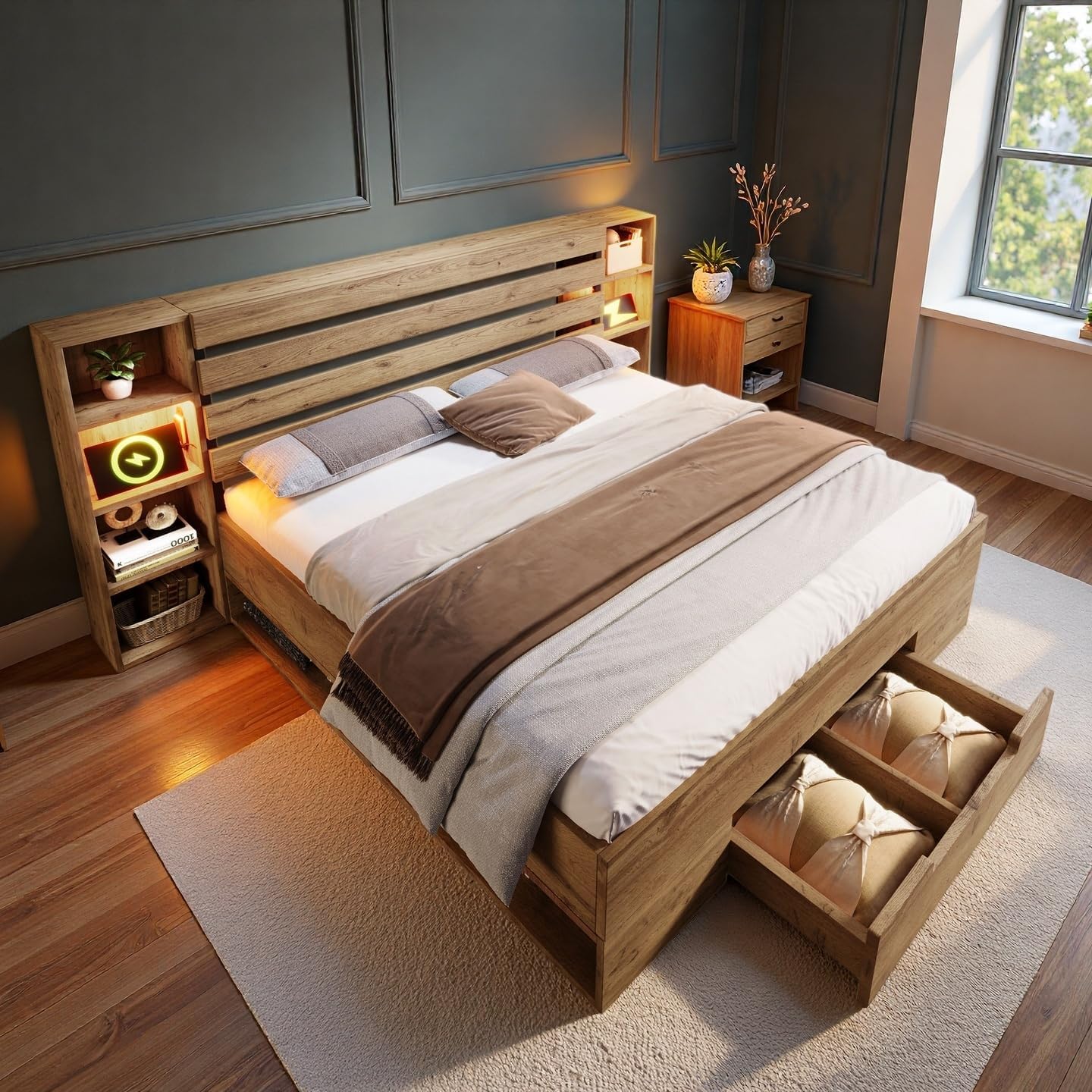 Cadre de lit 180x200 avec sommier à Lattes, Lit Double en Bois Massif 180x200 avec éclairage LED – Sapgaks, Port USB-C, tiroirs