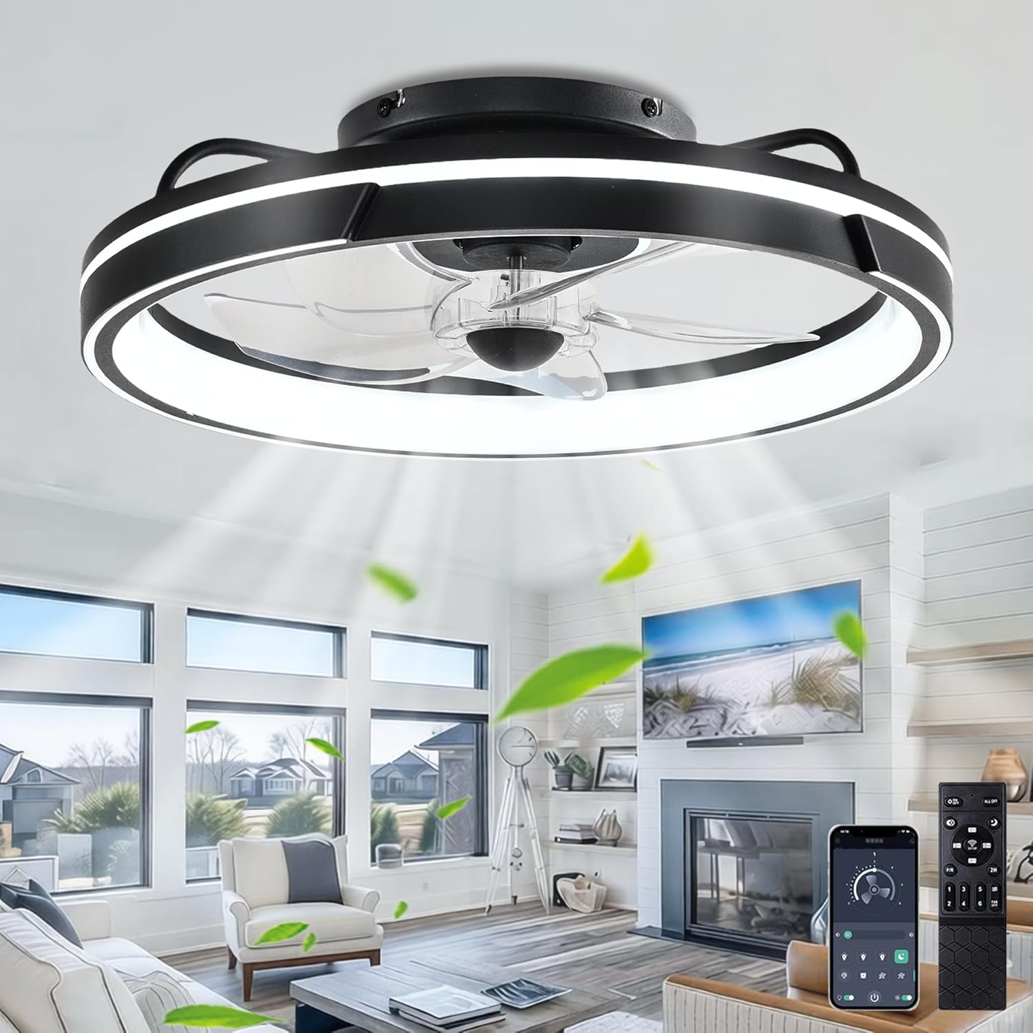 GZHXYJ Modernité Ventilateur de Plafond Silencieux avec Lumière, 50cm 64W Dimmable Plafonnier LED Ventilateur avec Télécommande APP, pour Salon