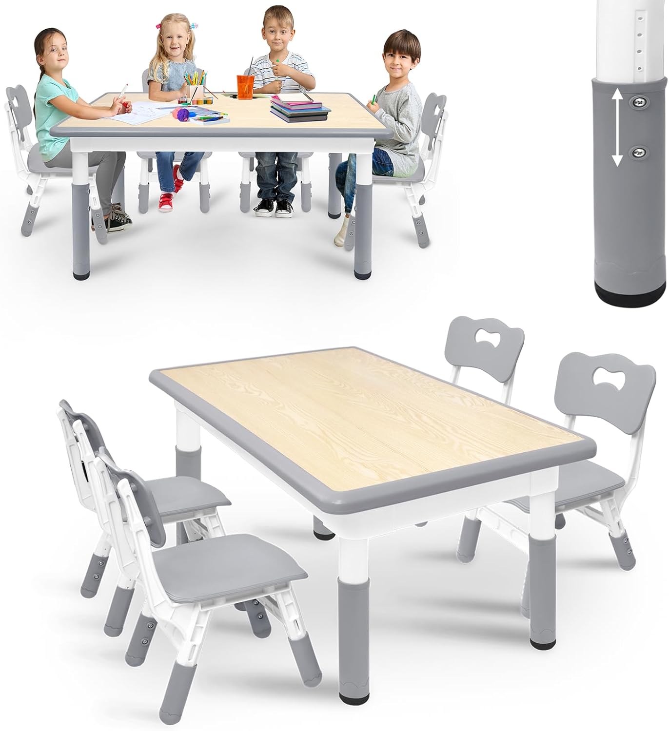 Table pour enfants avec ensemble de 4 chaises, hauteur réglable, ensemble de table pour enfants en plastique, Gris/Blanc/Bois – ACXIN, crèche