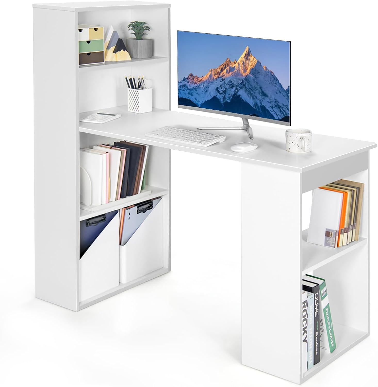 Bureaux, Poste de Travail Moderne avec Étagères de Rangement à 6 Niveaux, Bureau d'Ordinateur Réversible avec Bibliothèque – COSTWAY