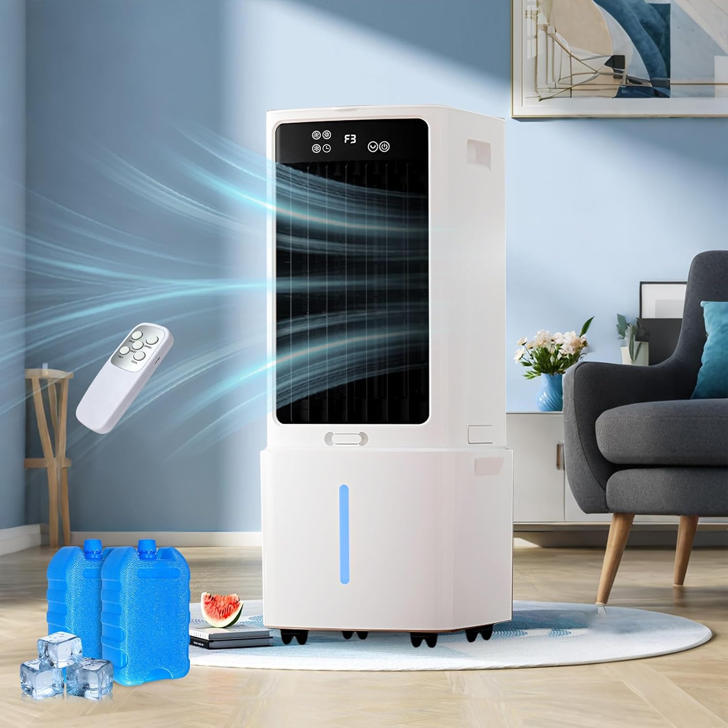 Romyqpipy 12L Rafraîchisseur d'Air, 3 Vitesses, Climatiseur Mobile avec Télécommande, Blanc/Noir, Minuterie 1-12h, Oscillation 60°