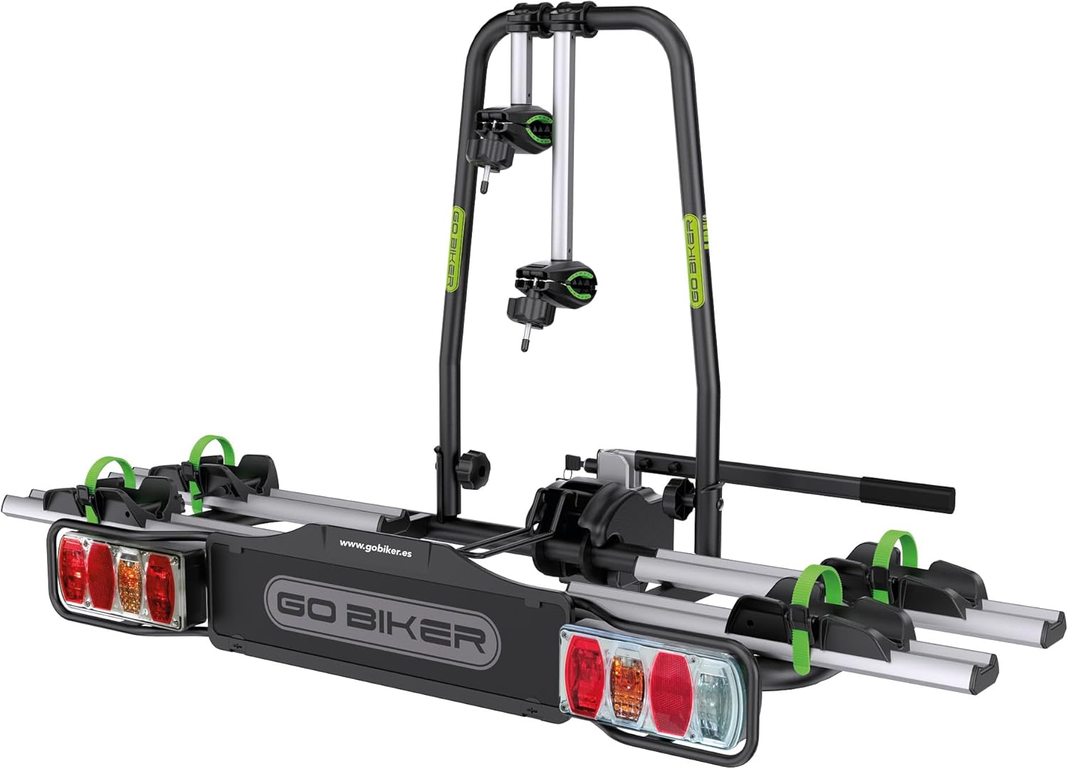Porte-vélo, Modèles 2 à 4 Vélos, Châssis Acier/Aluminium – GO BIKER, Noir/Argent/Vert, Supporte 15 et 30 kg/Rail, Antivol, E-Bike
