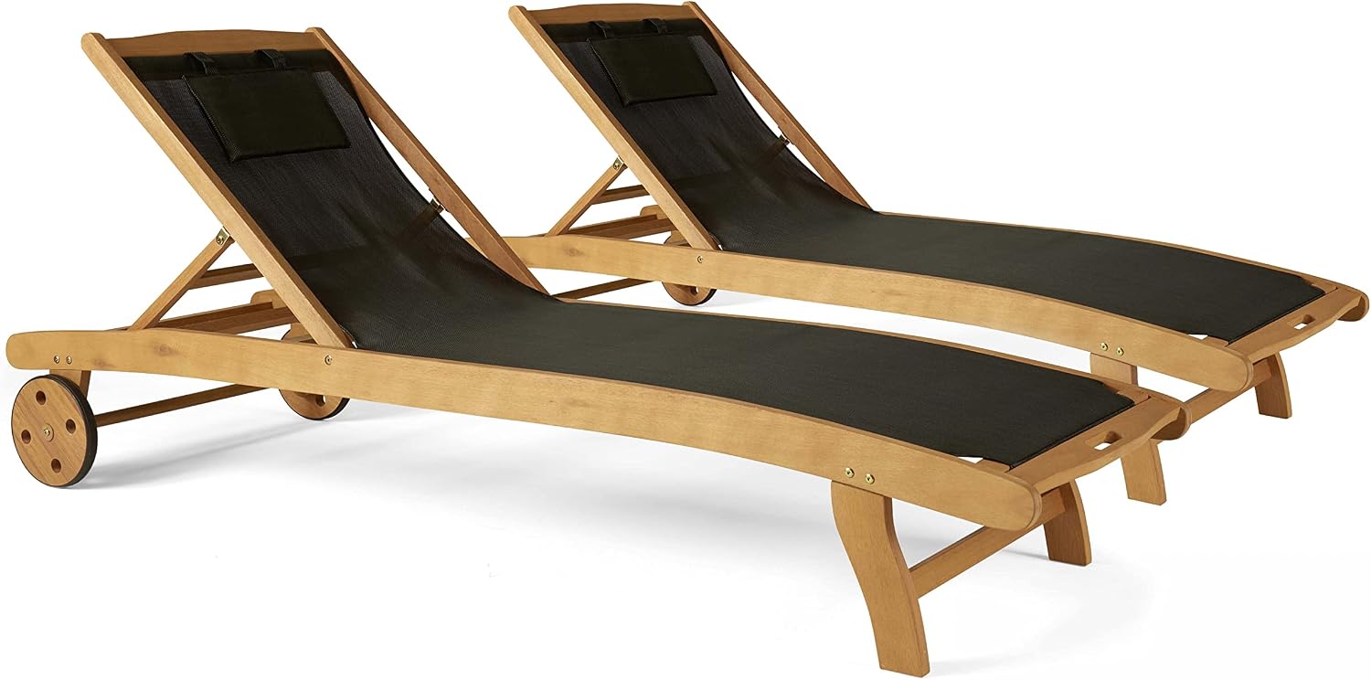 Oviala, Bain de soleil, Lot de 2 Bains de Soleil en Bois inclinable avec Roues Noir, Noir/Marron