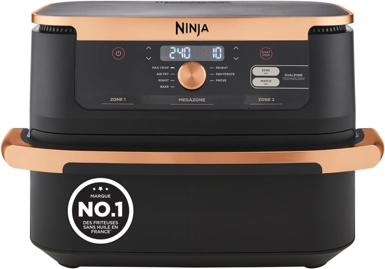 NINJA AF500EUCP, Friteuse sans huile, Dual Zone Avec Séparateur Amovible, Grand Tiroir de 10.4 L, 7-en-1, AF500EUCP, Noir & Cuivre