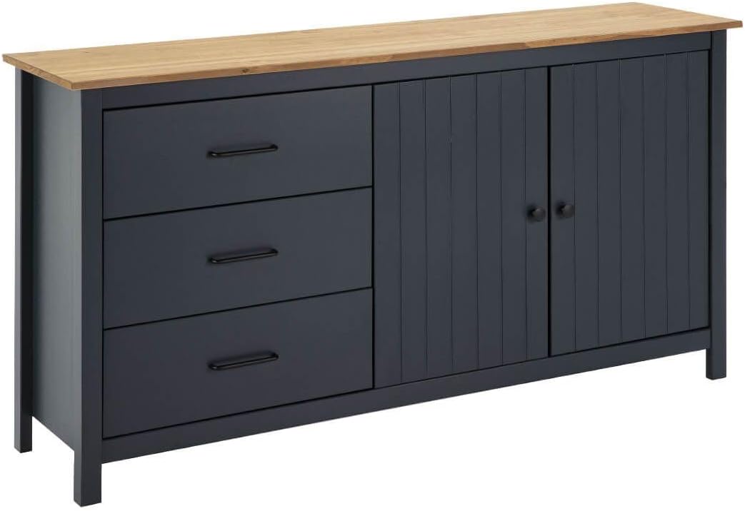 Buffet Bas 2 Portes 3 Tiroirs Bois Ciré Coloris Bleu Pétrole, Bleu Pétrole/Bois – AltoBuy, Tina