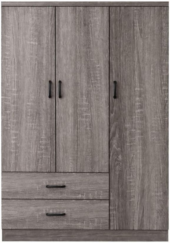 Armoire Valentina 3 Portes, 120 x 52 x 190 cm, Bois Grisé, 2 Tiroirs et Penderie avec Étagères, Rangement pour Chambre – Proconfort