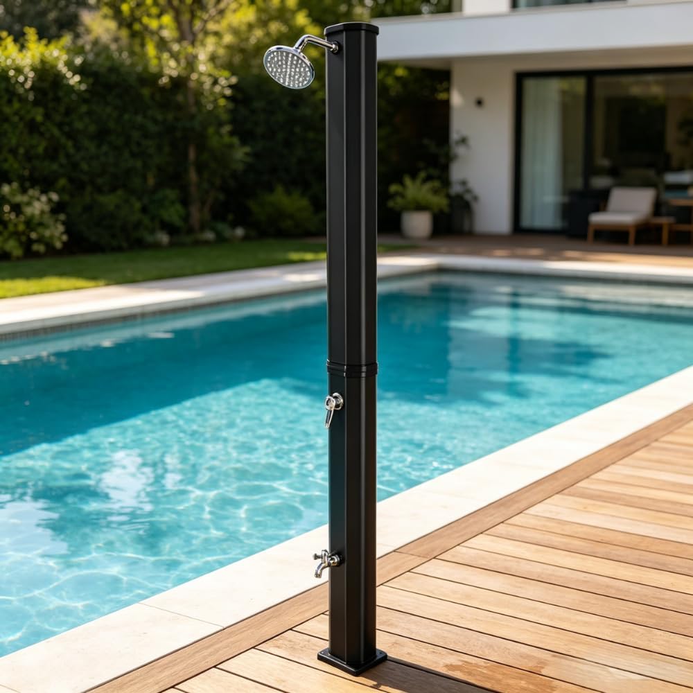 Bonnlo, Douche Exterieur Solaire avec Pommeau de Douche Douchette et Robinet, Idéal pour Jardin Plage Piscine, Noir