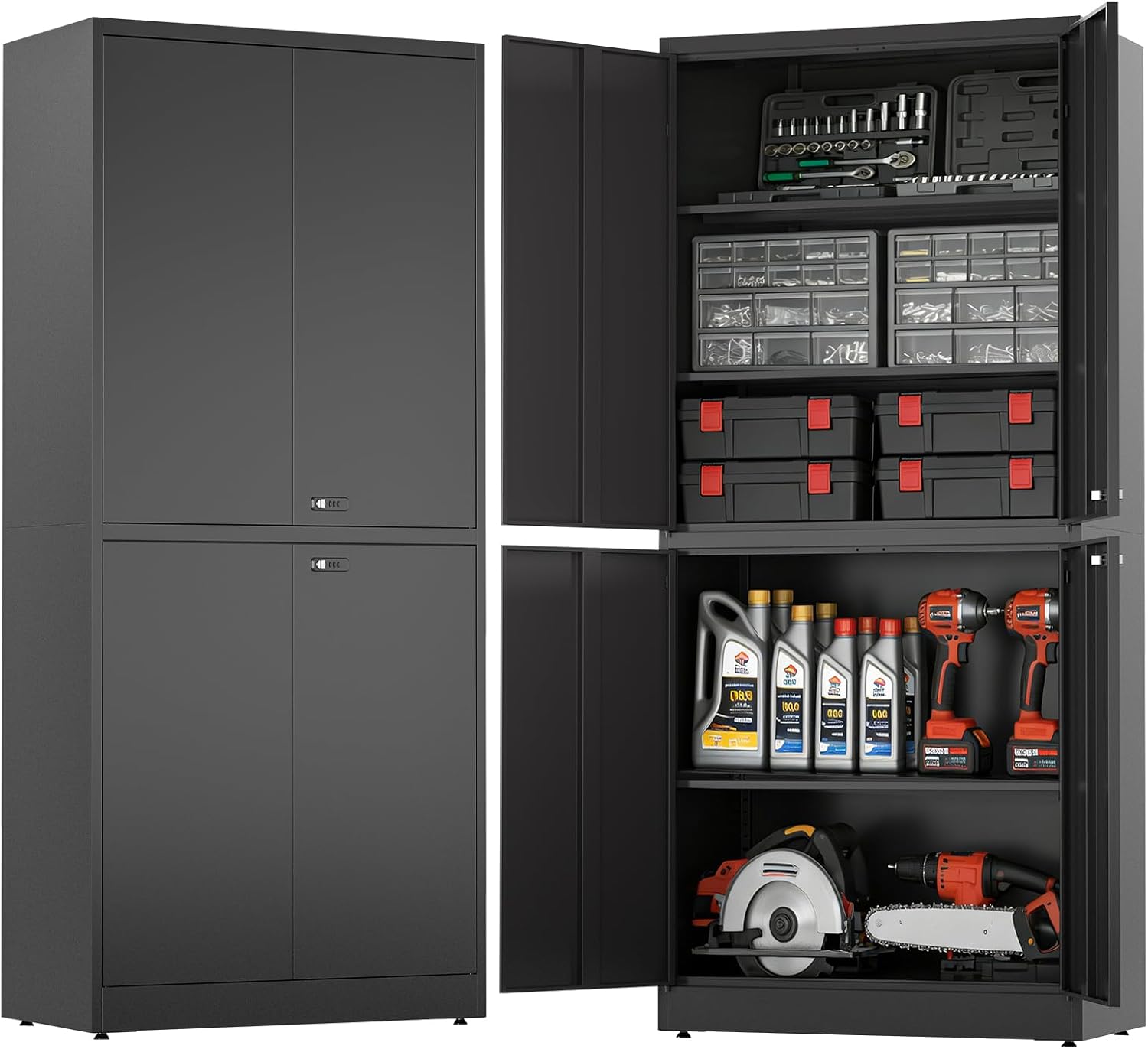 Armoire de Rangement Garage, 40 x 80 x 180 cm, Armoire de Garage à 5 Étagères avec 4 Portes – LHForgetech, 2 Serrures, Noir