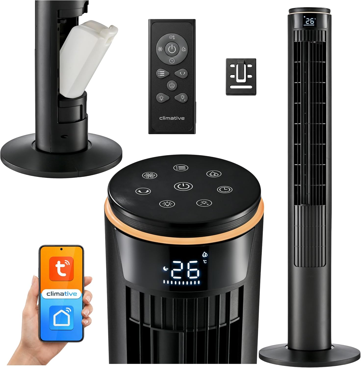 Climative Ventilateur Colonne 107cm MIST WiFi, 12 Vitesses, Fan Ventilateur Humidificateur Silencieux avec Télécommande, Noir