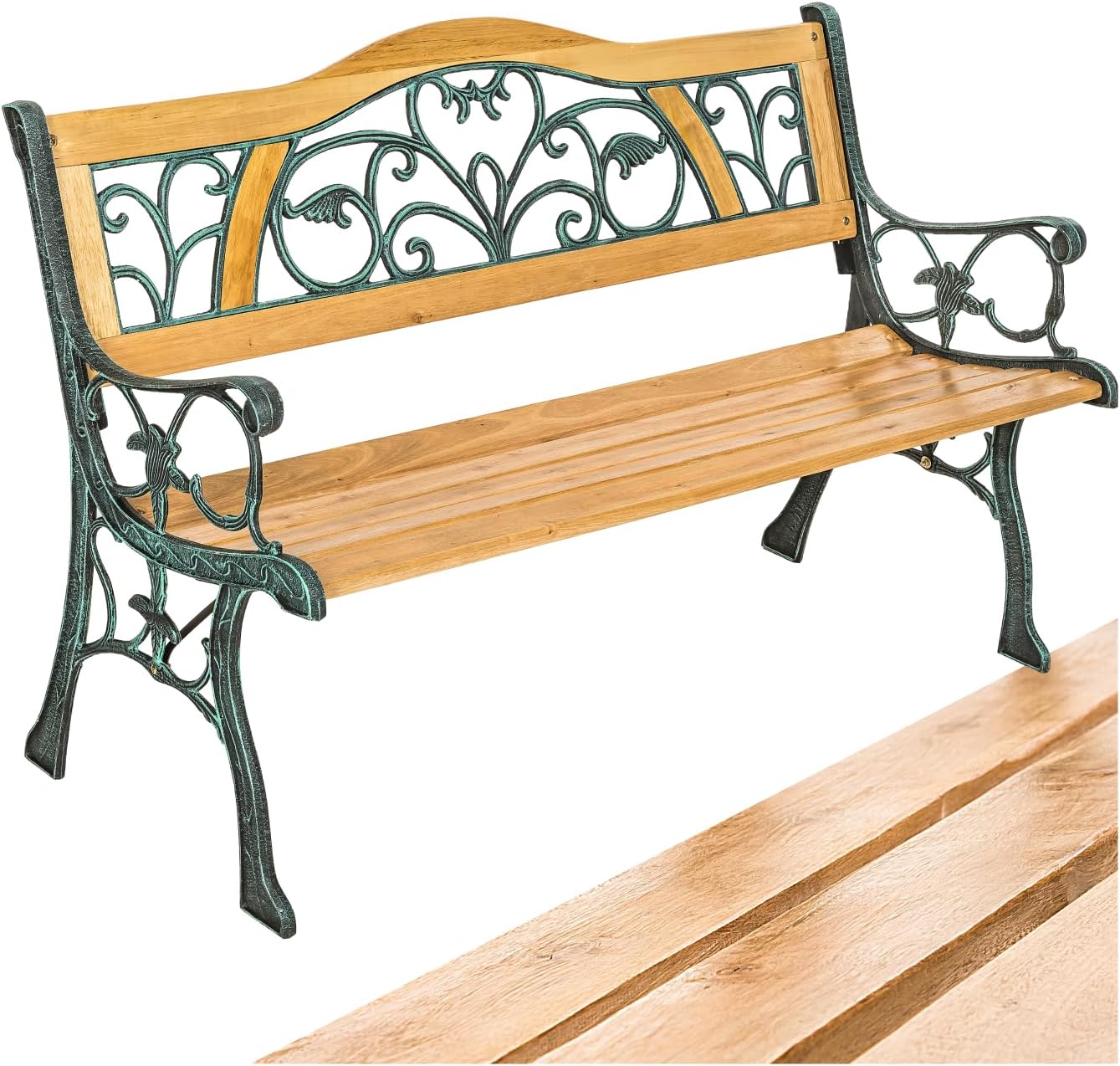 ® Banc de Jardin Solide en Bois Naturel laqué et Fer Forgé, Banquette de Jardin Résistant aux intempéries, Marron/Vert – tectake