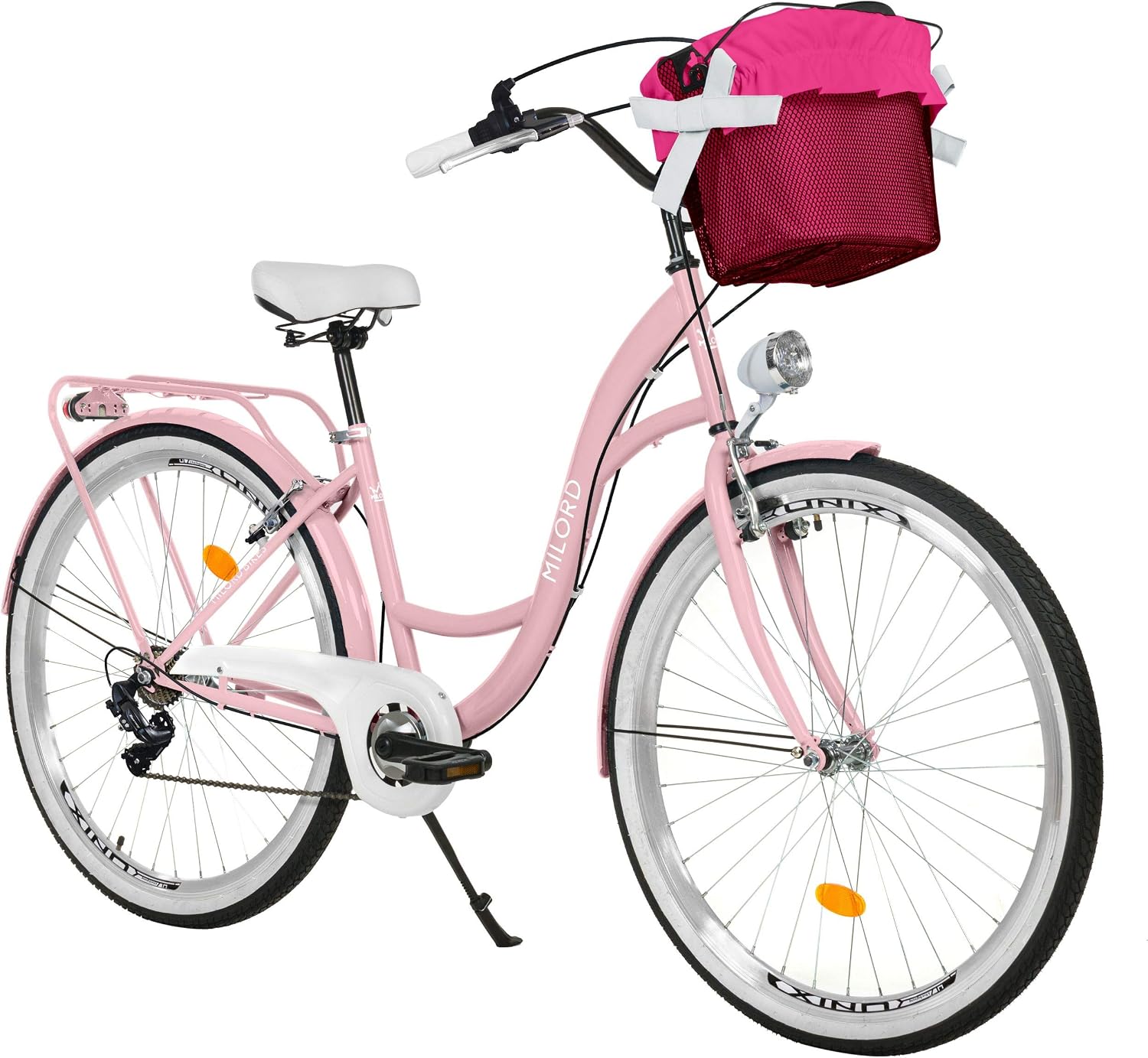 MILORD, vélo de Ville, Rose à 7 Vitesse de 28 Pouces avec Panier et Porte-Bagages arrière, vélo pour Femme, Rose/Blanc, . Vélo Confort, rétro