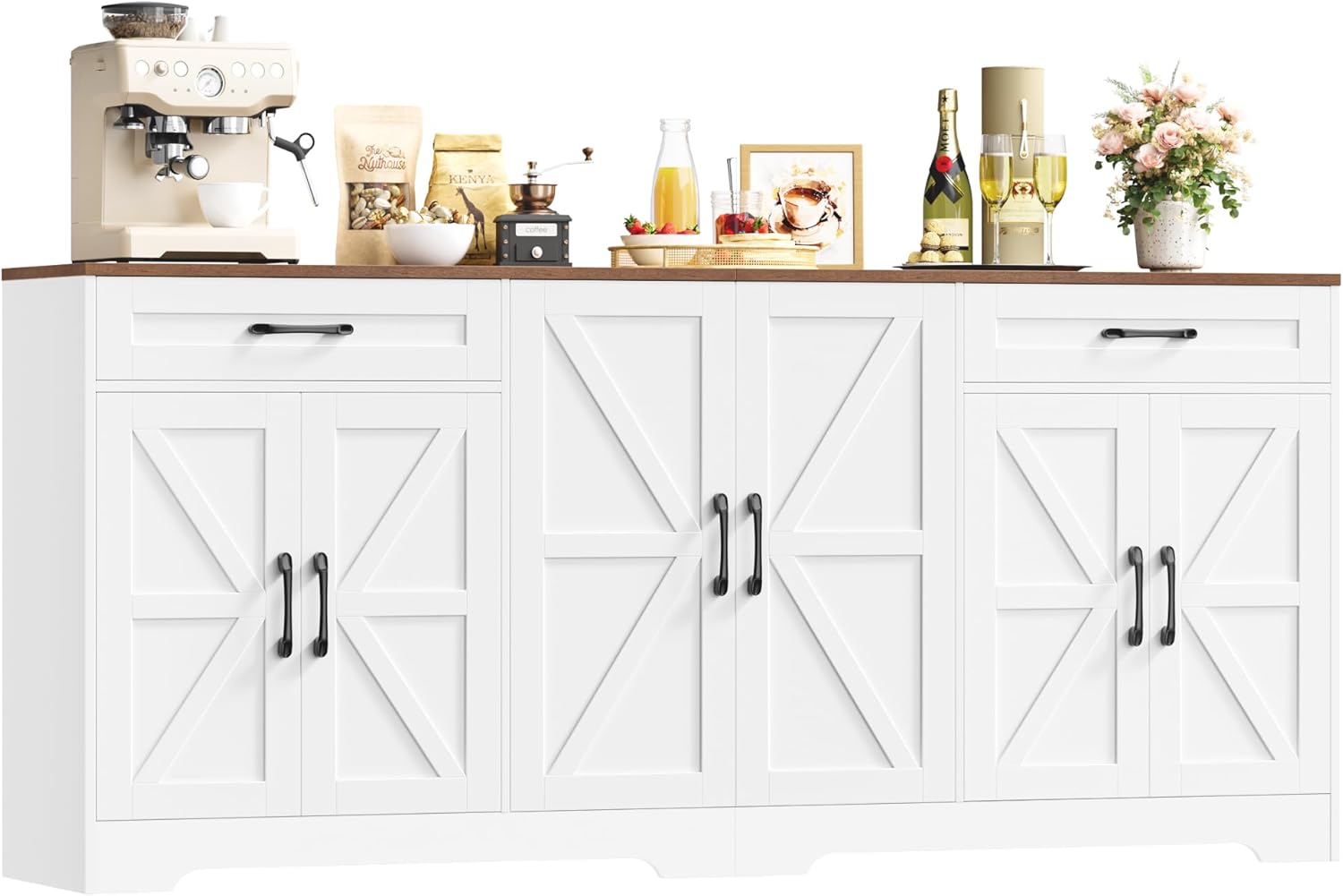 Buffet Cuisine, 180 cm Buffet Salle a Manger avec 6 Tiroirs 2 Portes, Armoire Vaisselier Cuisine pour Salon, Blanc/Marron – HOCSOK, 180×87×34 cm