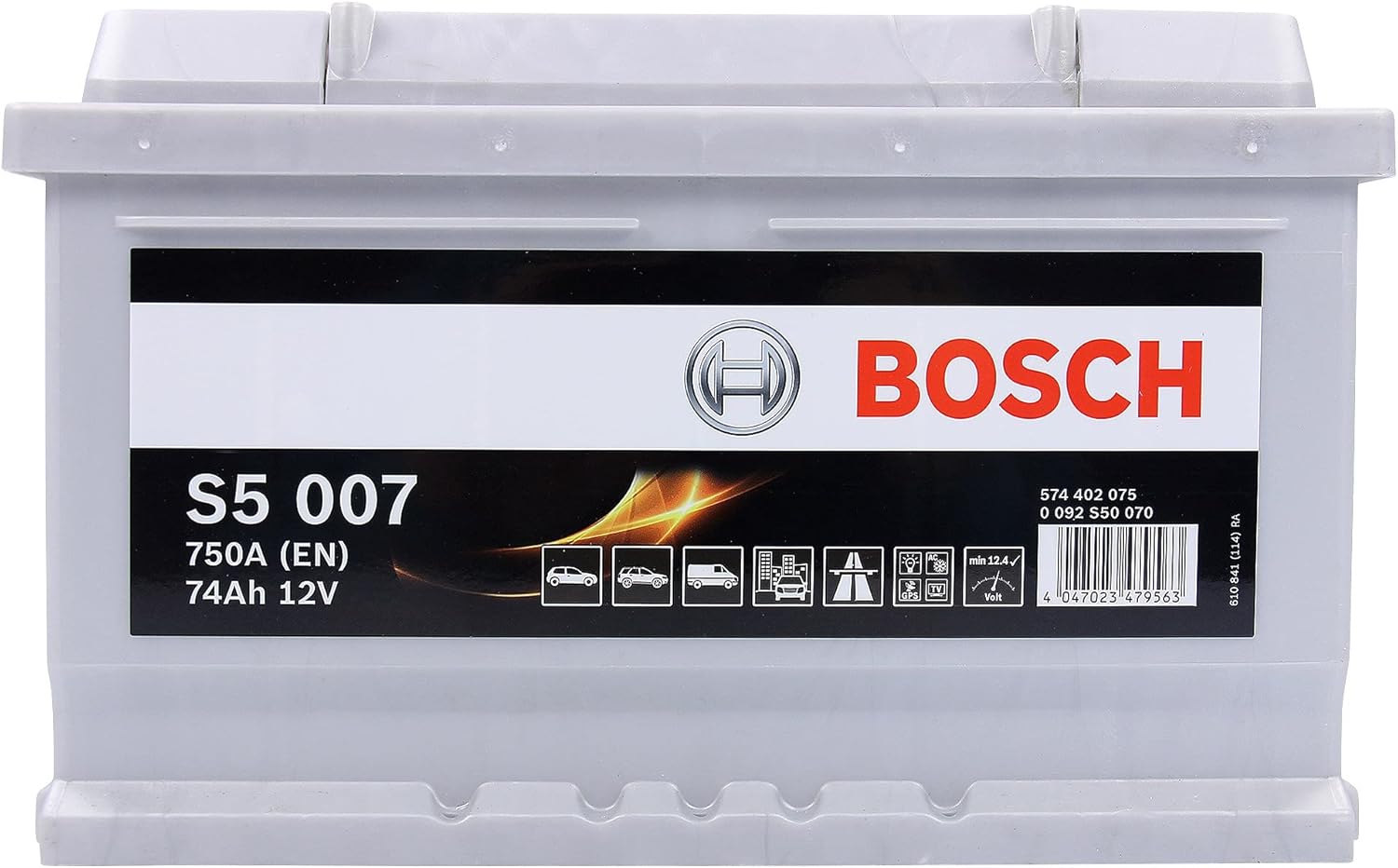 Batterie de voiture, S5007, pour les Véhicules sans Système Start/Stop – Bosch, Gris, 74A/h, 750A, Technologie Plomb-Acide