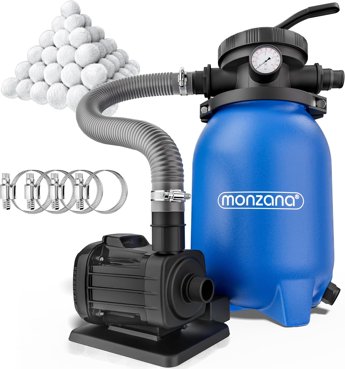 Monzana, Pompe, ® Pompe filtre à sable 5 m3 auto-amorçante pour piscine jusqu'à 15 m3 boules vanne 7 voies, Bleu/Noir/Blanc/Gris
