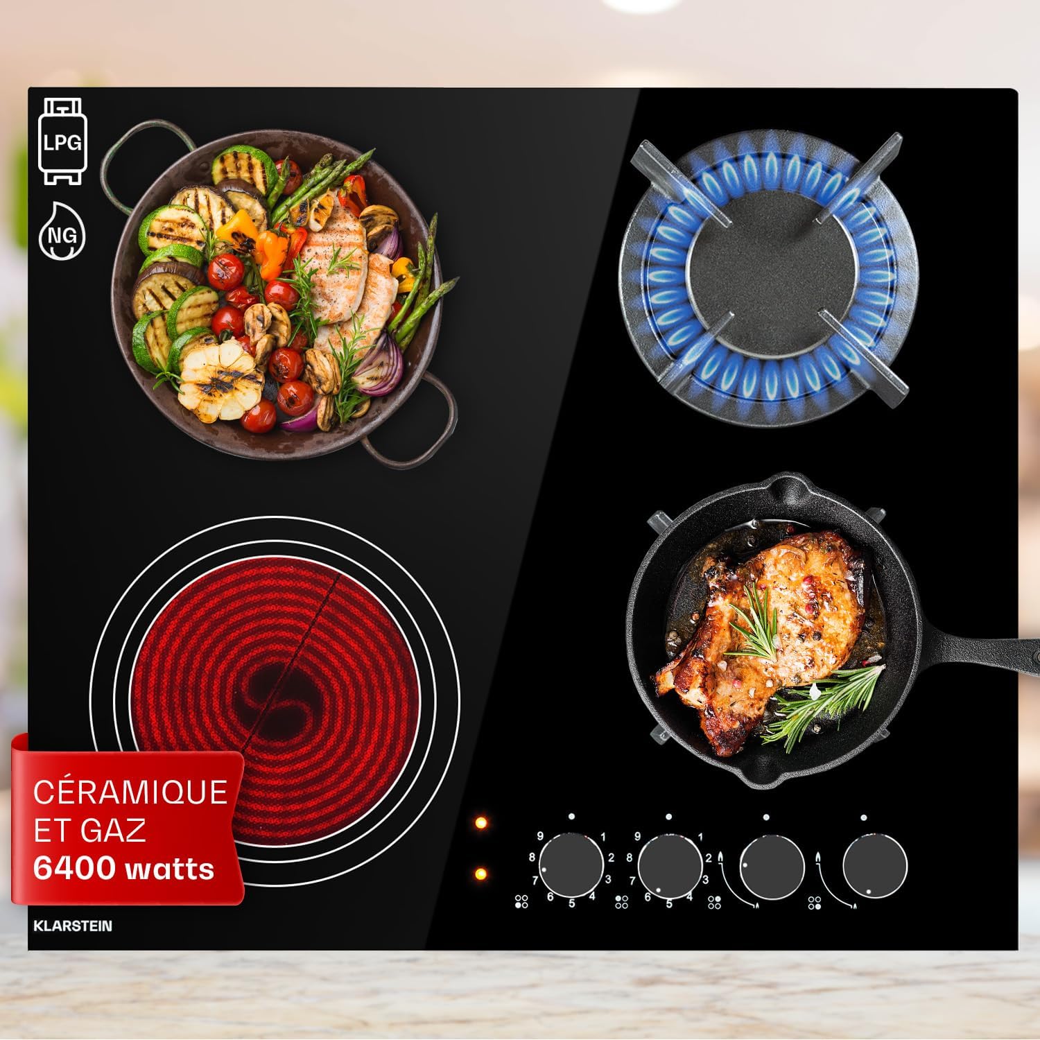 KLARSTEIN Plaque de Cuisson Mixte 4 Feux, 6.4kW, Acier Inoxydable, Noir, Vitrocéramique et Gaz