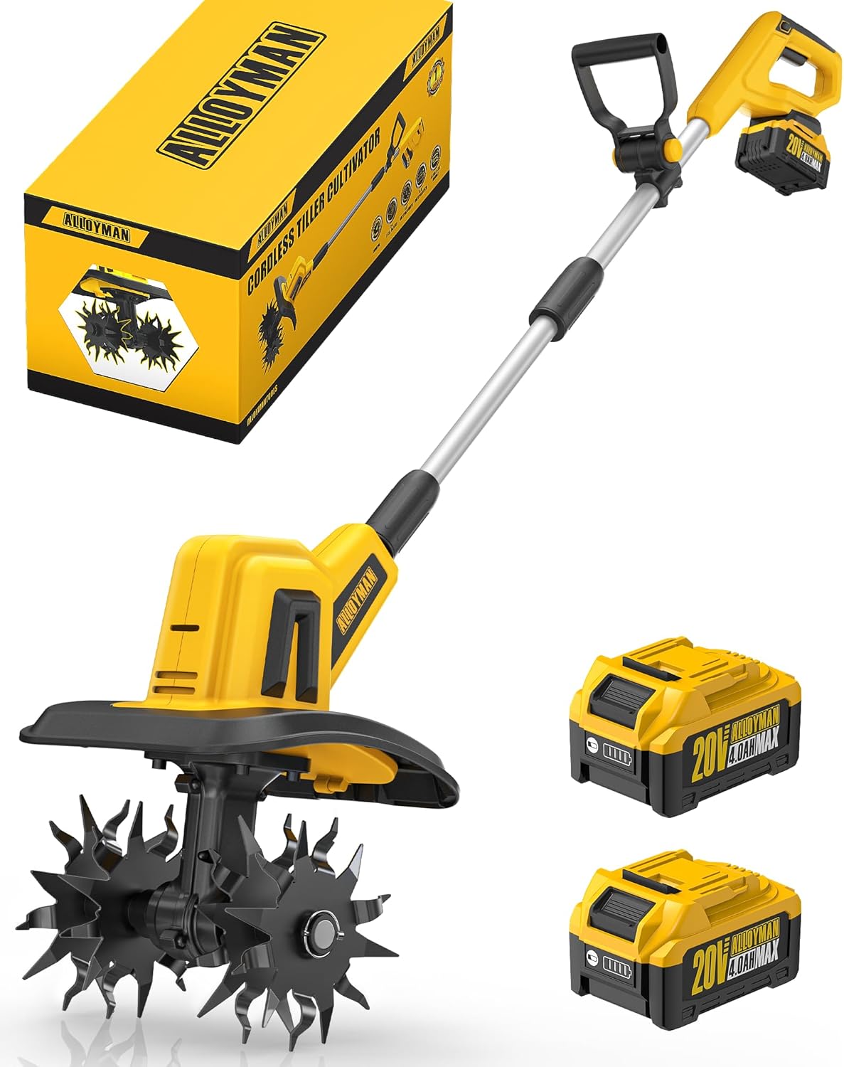 Cultivateur et bêches rotatives, avec 2 batteries de 2, 0 Ah et chargeur – Alloyman, Jaune/Noir, 360 tr/min