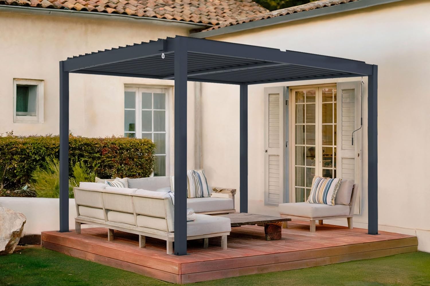 Tonnelle, 7, 5 m2, Pergola Aluminium Gris avec Lames Orientables en Acier, Abri Terrasse et Jardin – Cazeboo