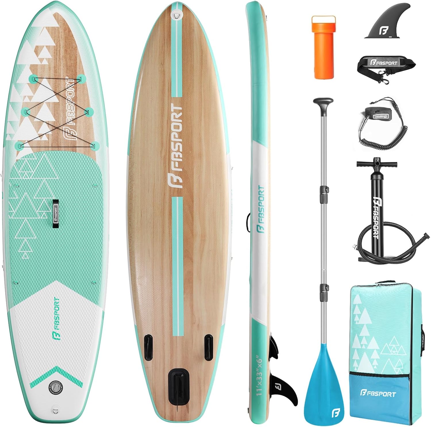 FBSPORT, Planches à pagaie de 28, 4 x 83, 4 x 15, 2 cm avec pompe électrique, planche à pagaie gonflable avec sac de transport, Bleu/Blanc/Bois