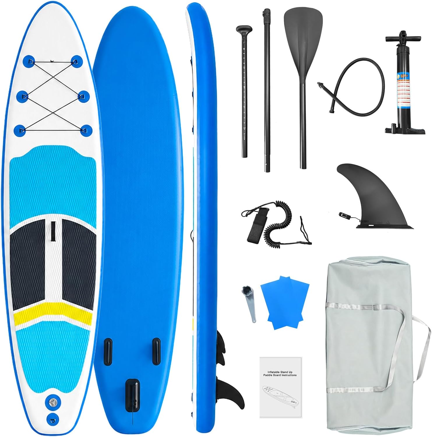 Stand-Up Paddleboard, 10'4' Ultra-Light SUP Paddleboard for All Skill Levels – GONFLABLE, Bleu/Blanc/Noir/Jaune, Fins, Paddle, Pump