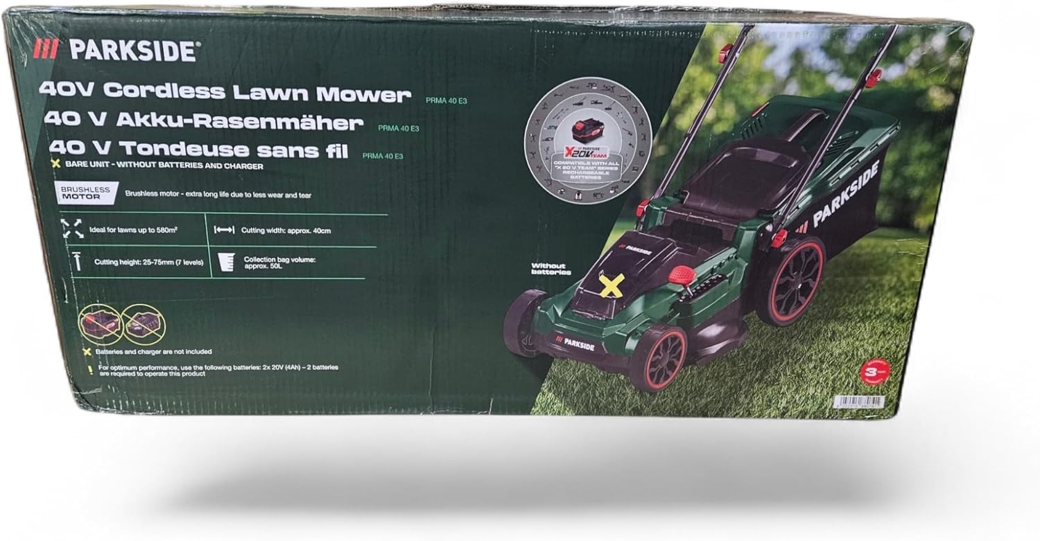 Parkside X20V Tondeuse à gazon sans fil PARKSIDE® X20V Parkside PRMA 40-Li A2, 7 réglages de coupe, sans balais, Vert/Noir/Rouge