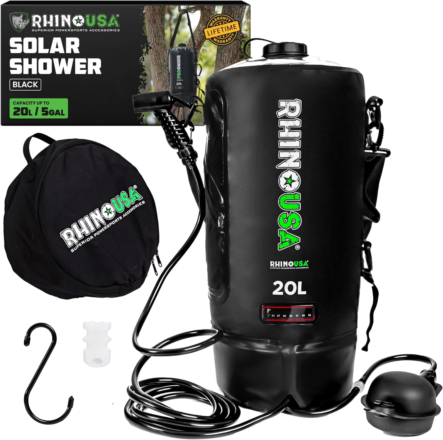 Rhino USA, Douche solaire portable de 20 L, pour le camping, Noir, les festivals, les voyages à la plage