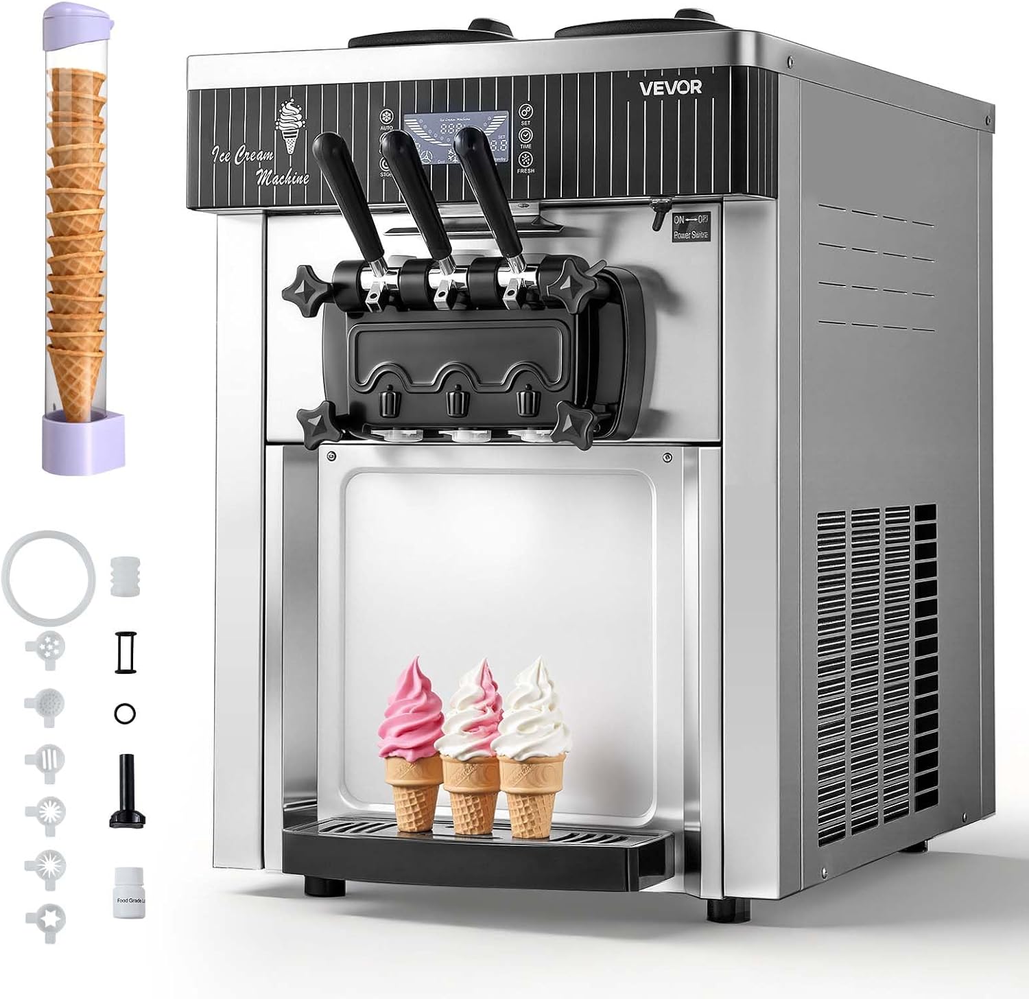 VEVOR Machine à Glace Molle Commerciale, 2 Trémies de 6 L avec Aigitateur, pour Glacier Camion-Restaurant, Noir/Argent, 3 Parfums