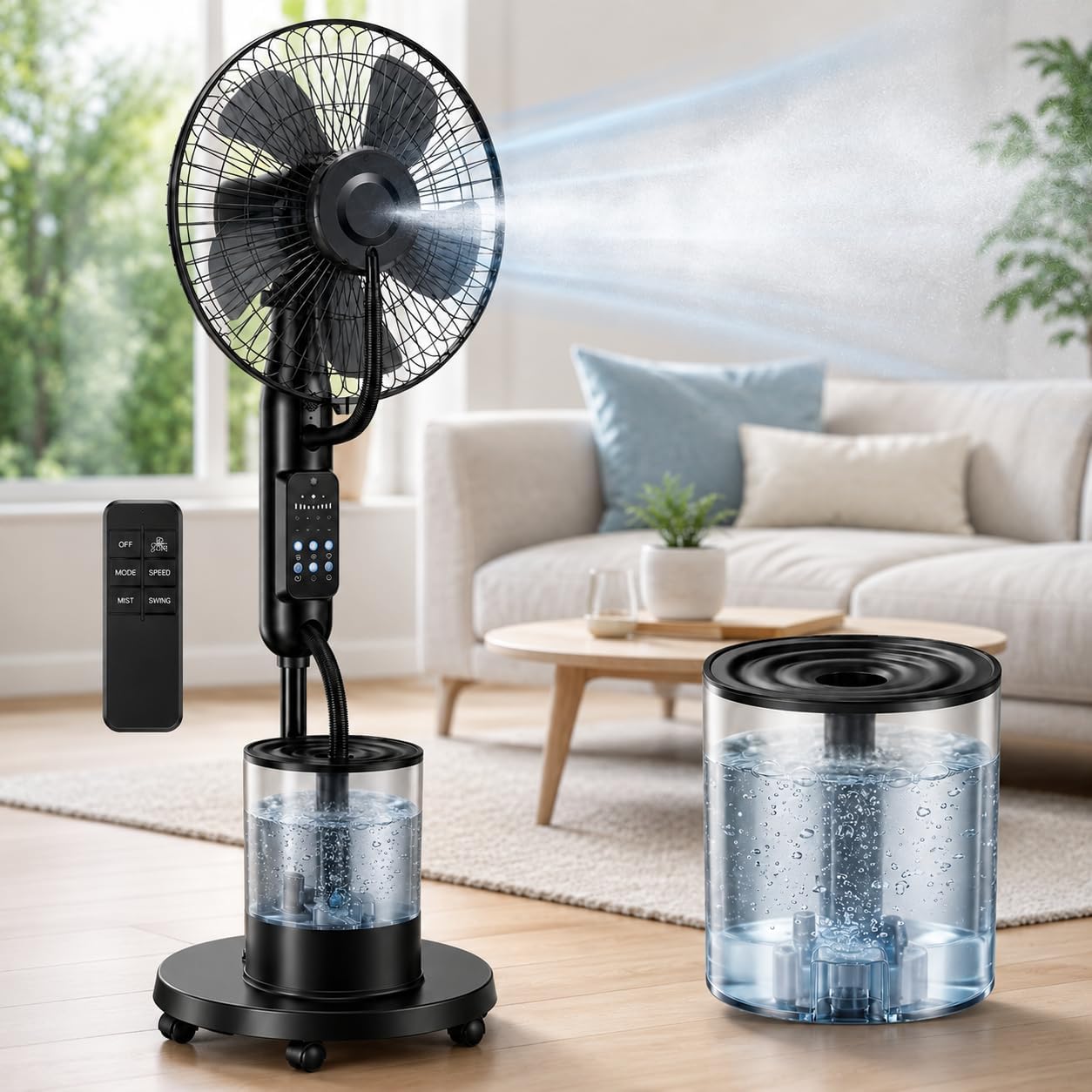 Mixtric Ventilateur sur Pied Brumisateur 4L 2026 avec Télécommande, 5 Vitesses, 3 Modes Refroidissement pour Maison, Noir, Chambre