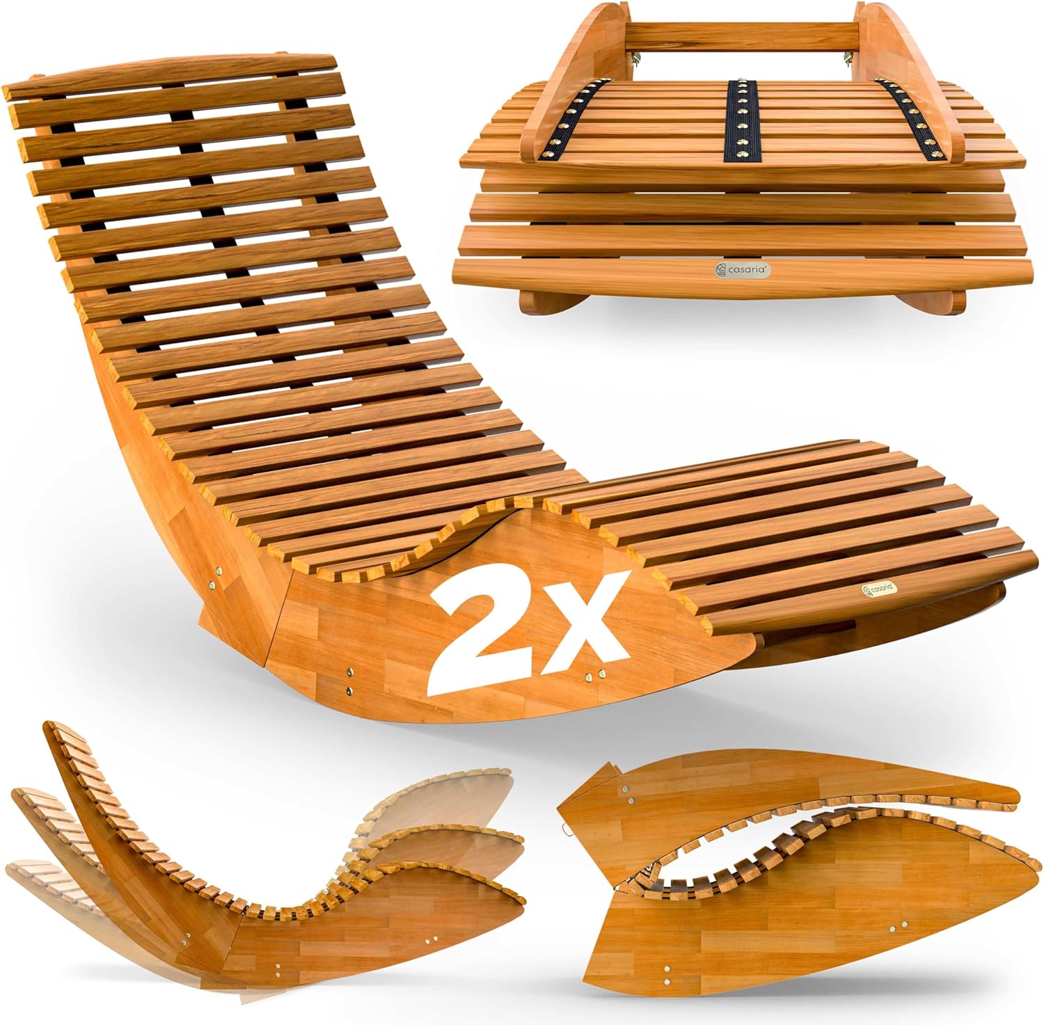 Casaria, Bain de soleil, ® 2X Chaise Longue à Bascule Pliable en Bois d'acacia certifié FSC Transat Ergonomique Bain, Marron